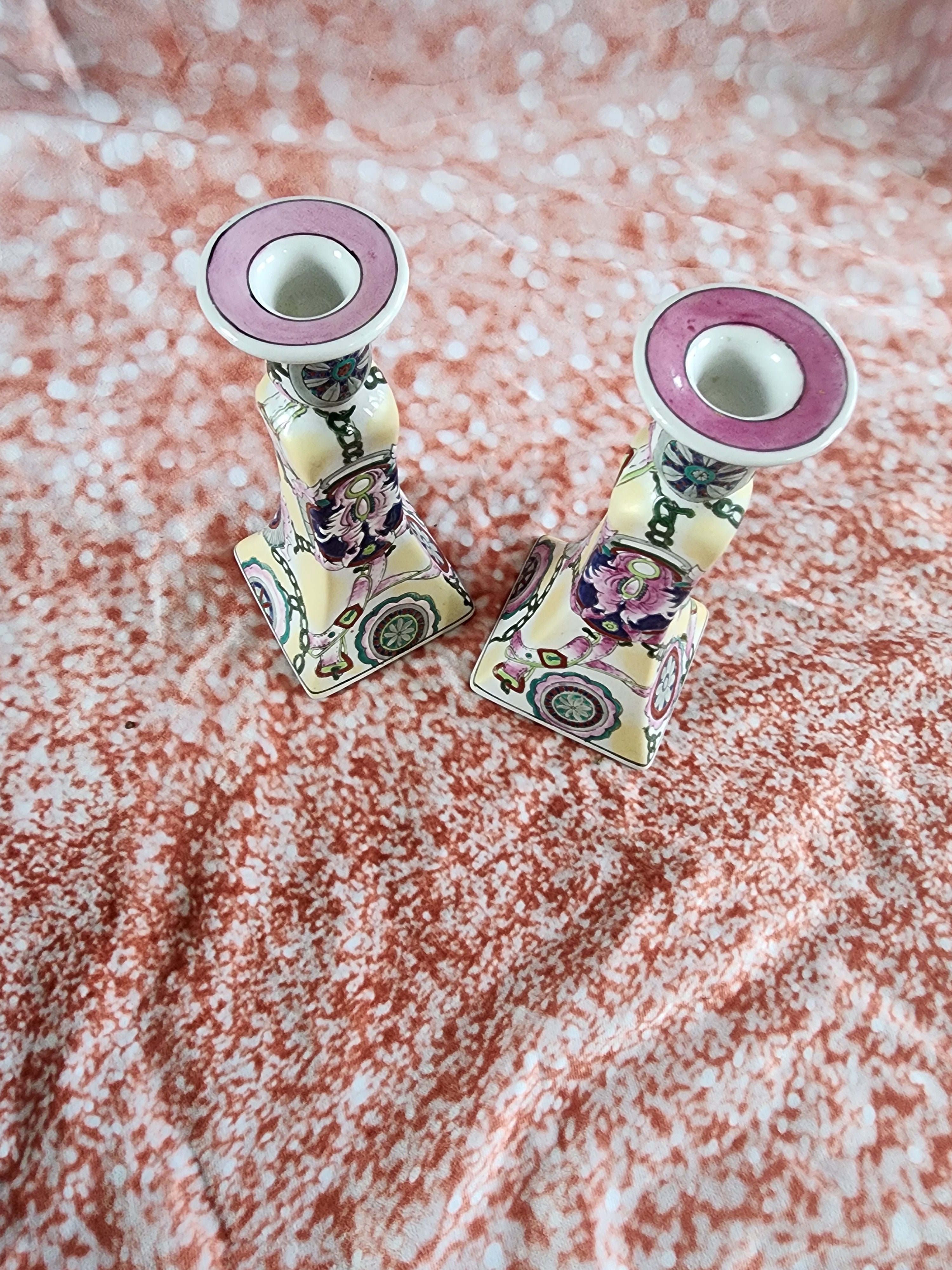 Vintage Capo Style Hand Painted Designer  Candle Candlestick Holders 8.5