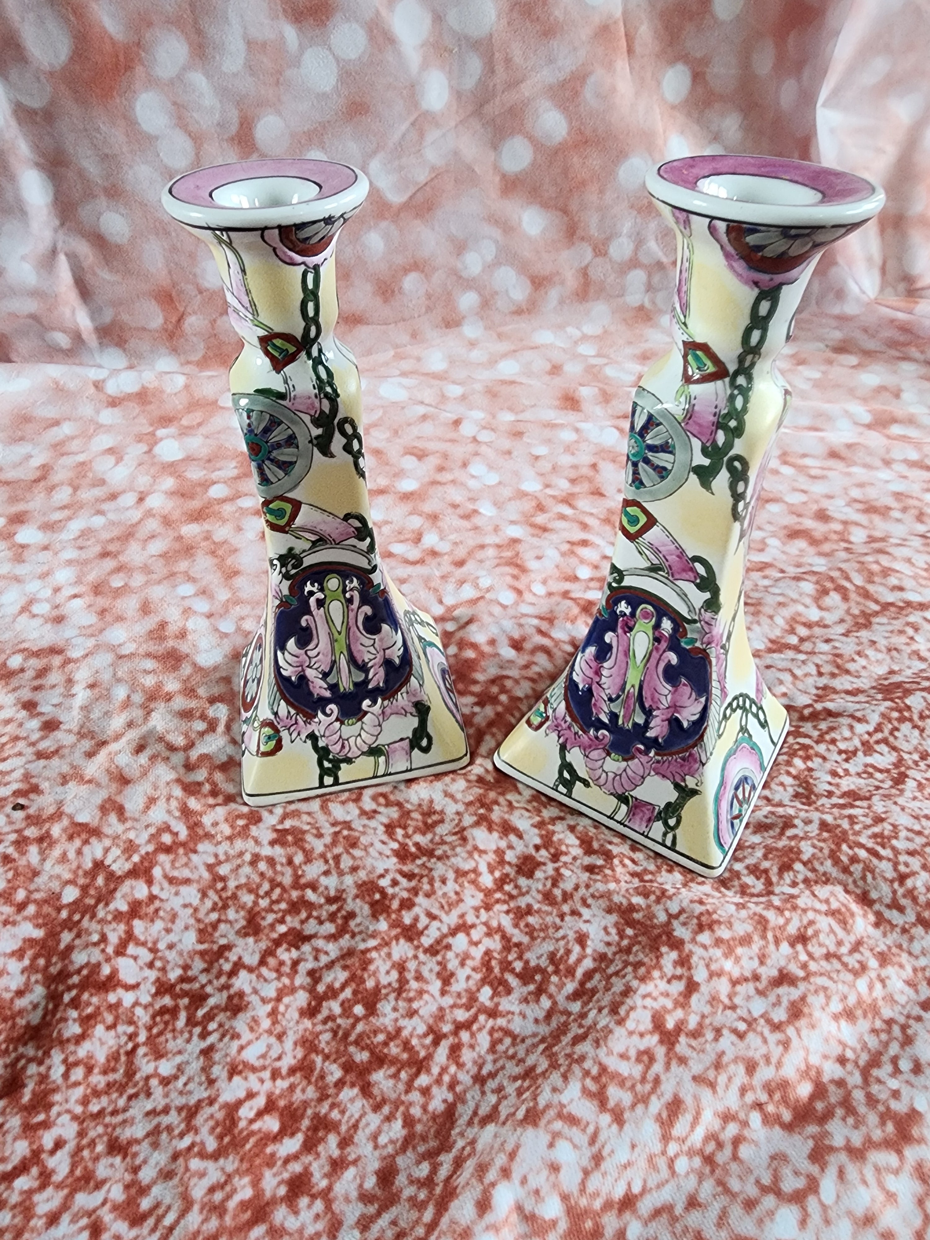 Vintage Capo Style Hand Painted Designer  Candle Candlestick Holders 8.5