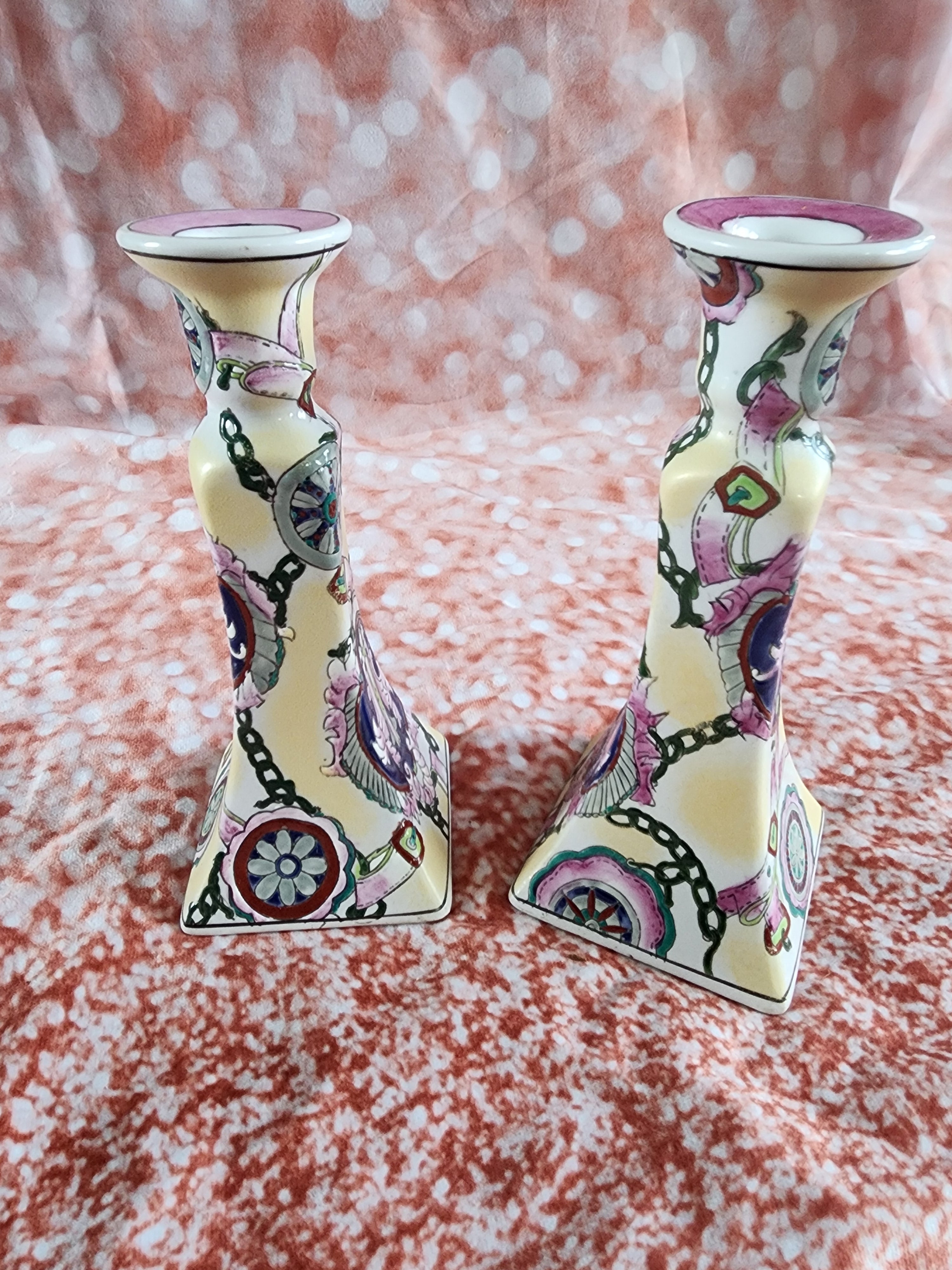Vintage Capo Style Hand Painted Designer  Candle Candlestick Holders 8.5