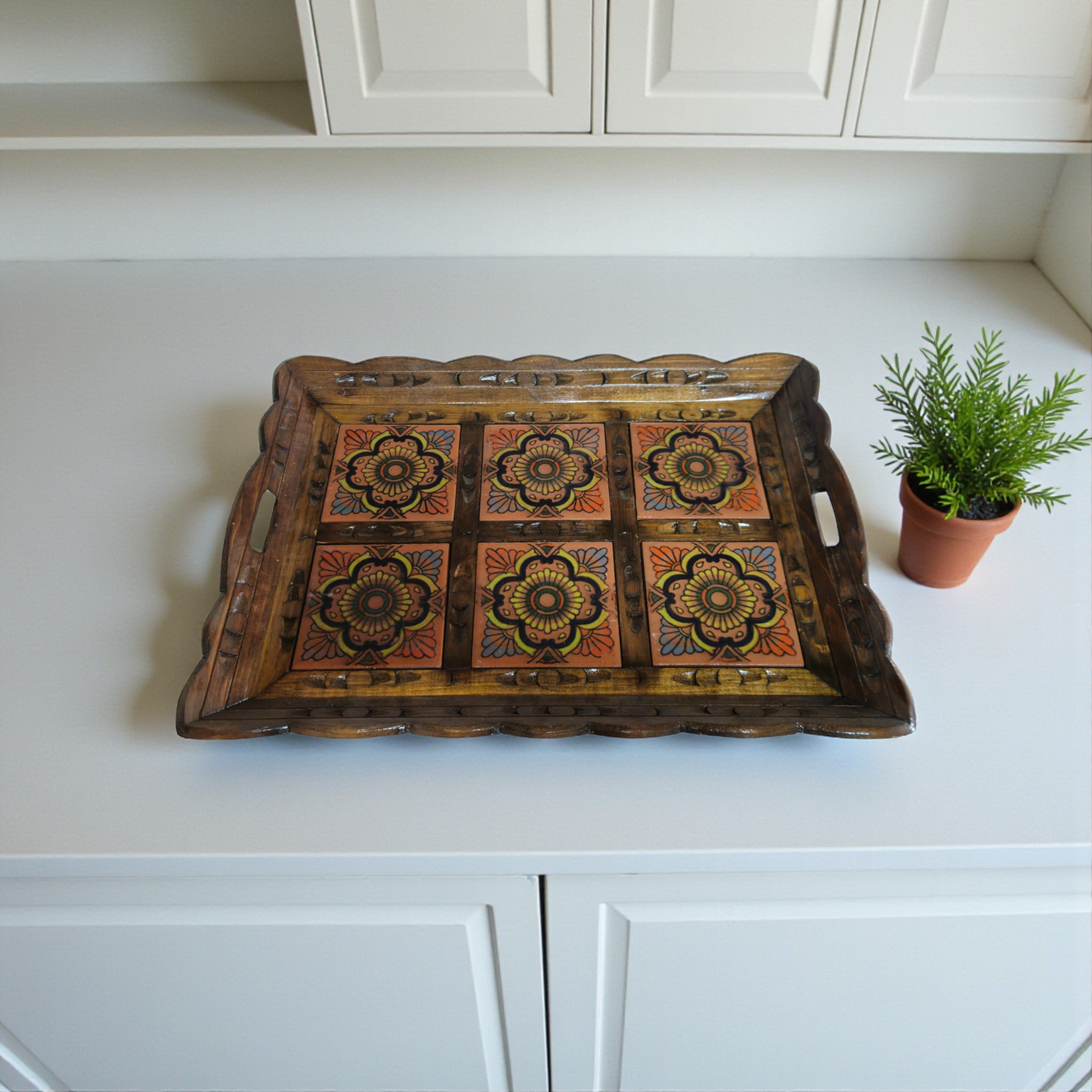Handcrafted Talavera Tile Serving Tray | Mexican Wooden Tray