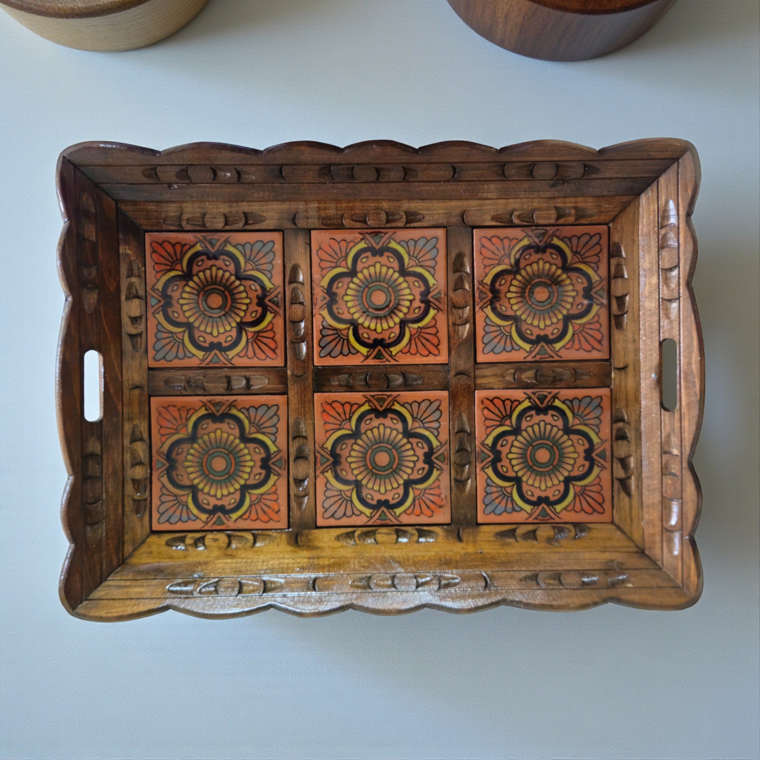 Handcrafted Talavera Tile Serving Tray | Mexican Wooden Tray