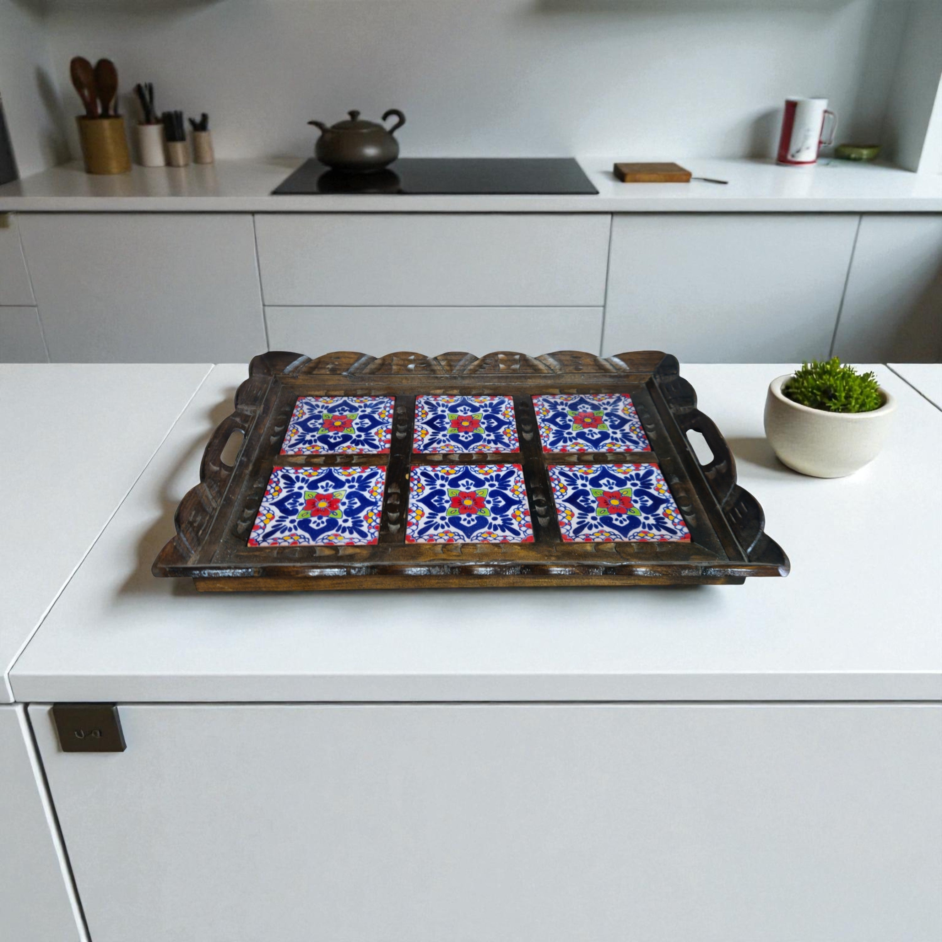 Handcrafted Talavera Tile Serving Tray | Mexican Wooden Tray