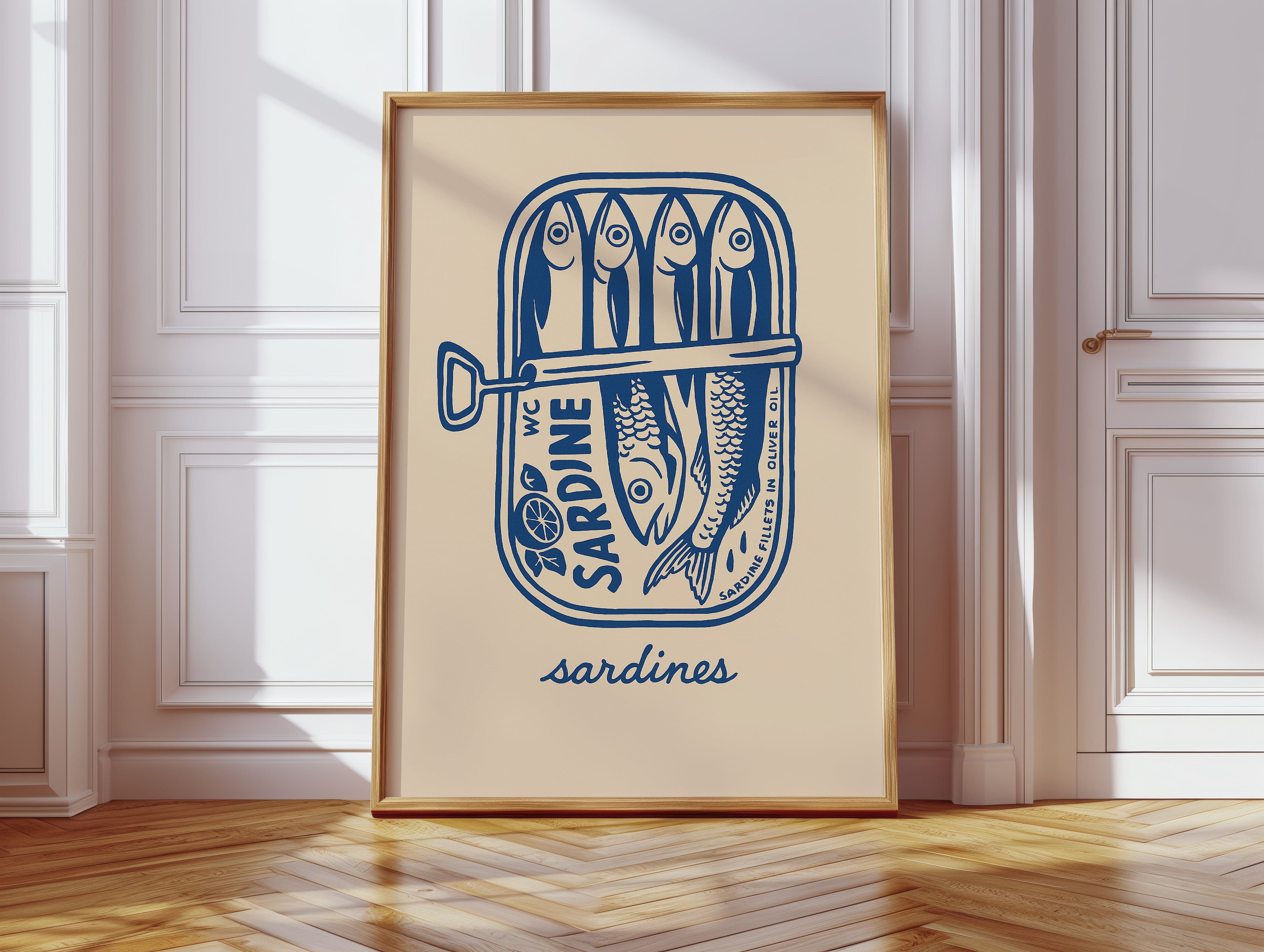 Retro Sardine Tin Wall Art – Blue & Beige Kitchen Decor