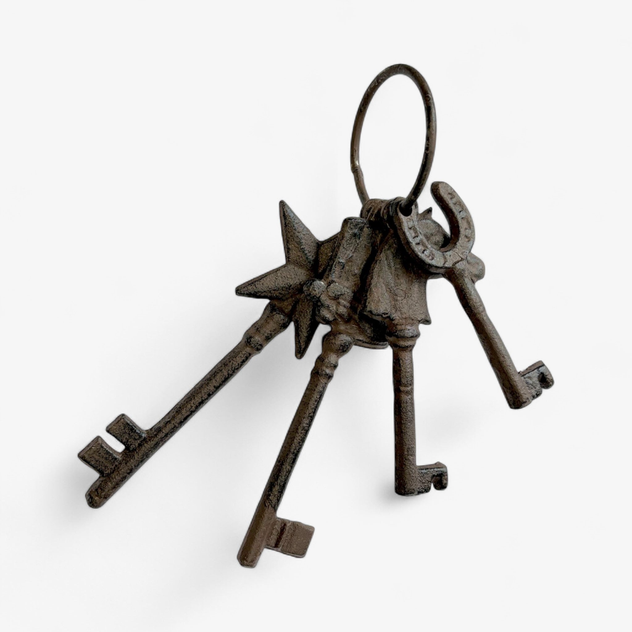 Antique Key Set with Ring, Cast Iron Set of 3 Shelf Display