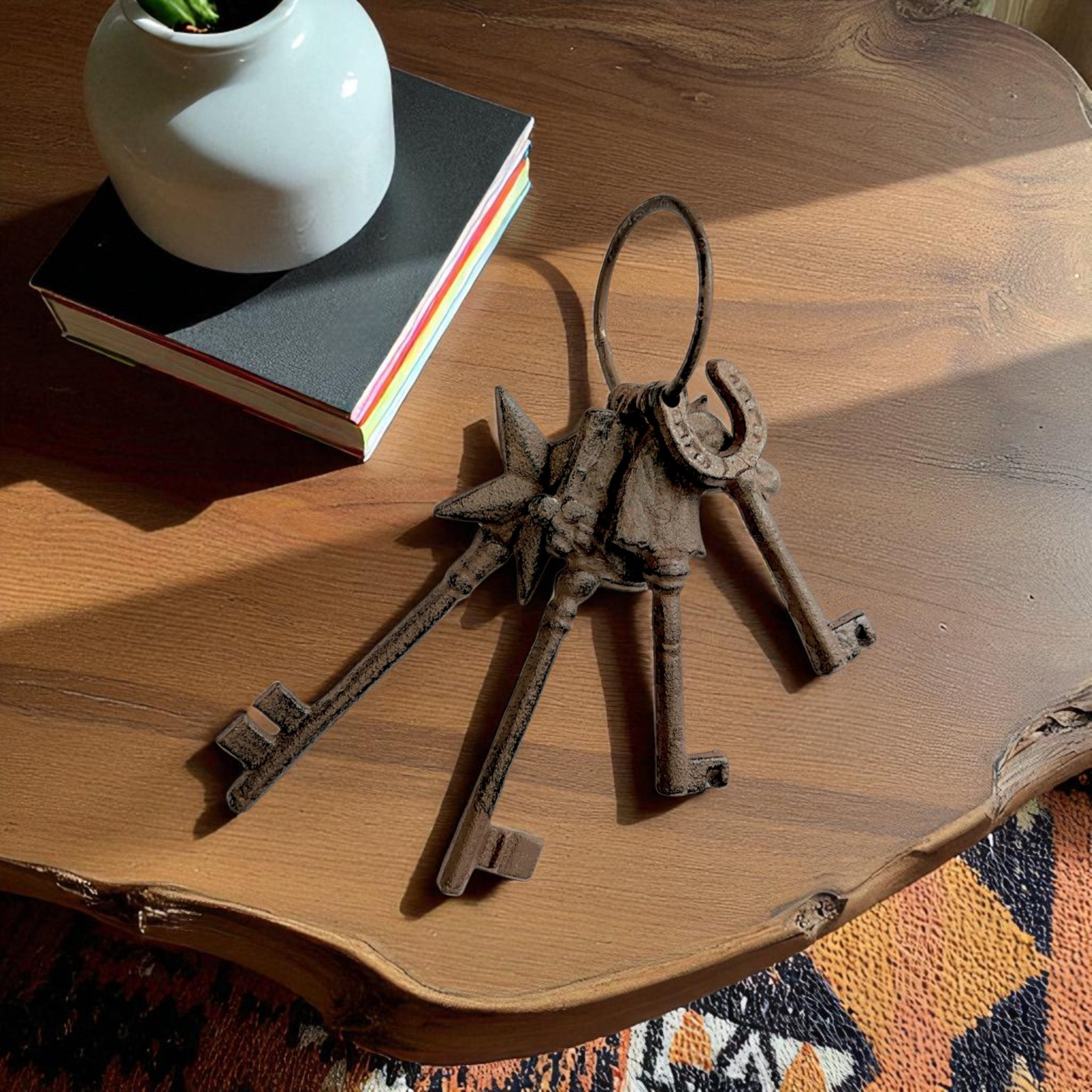 Antique Key Set with Ring, Cast Iron Set of 3 Shelf Display