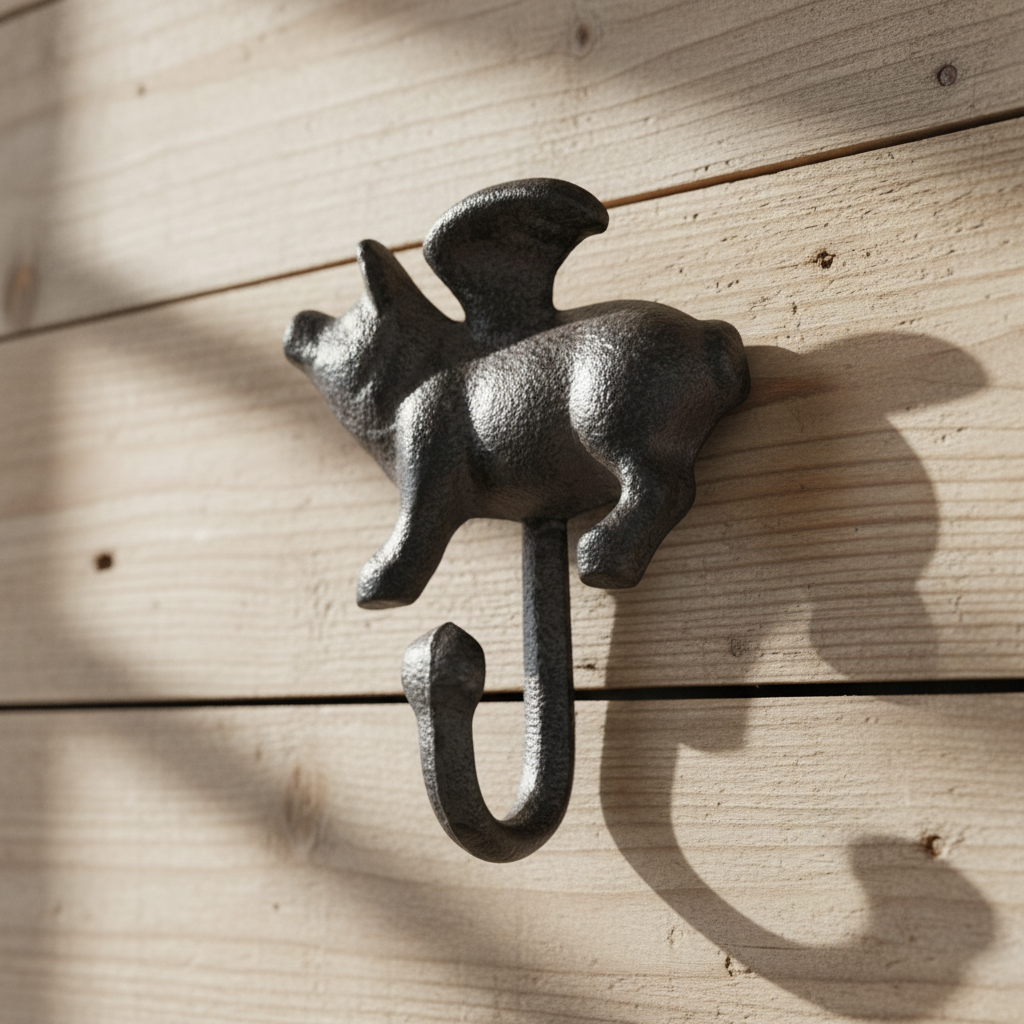 Flying Pig Wall Hook, Cast Iron Left Facing for Keys, Towels or Hats