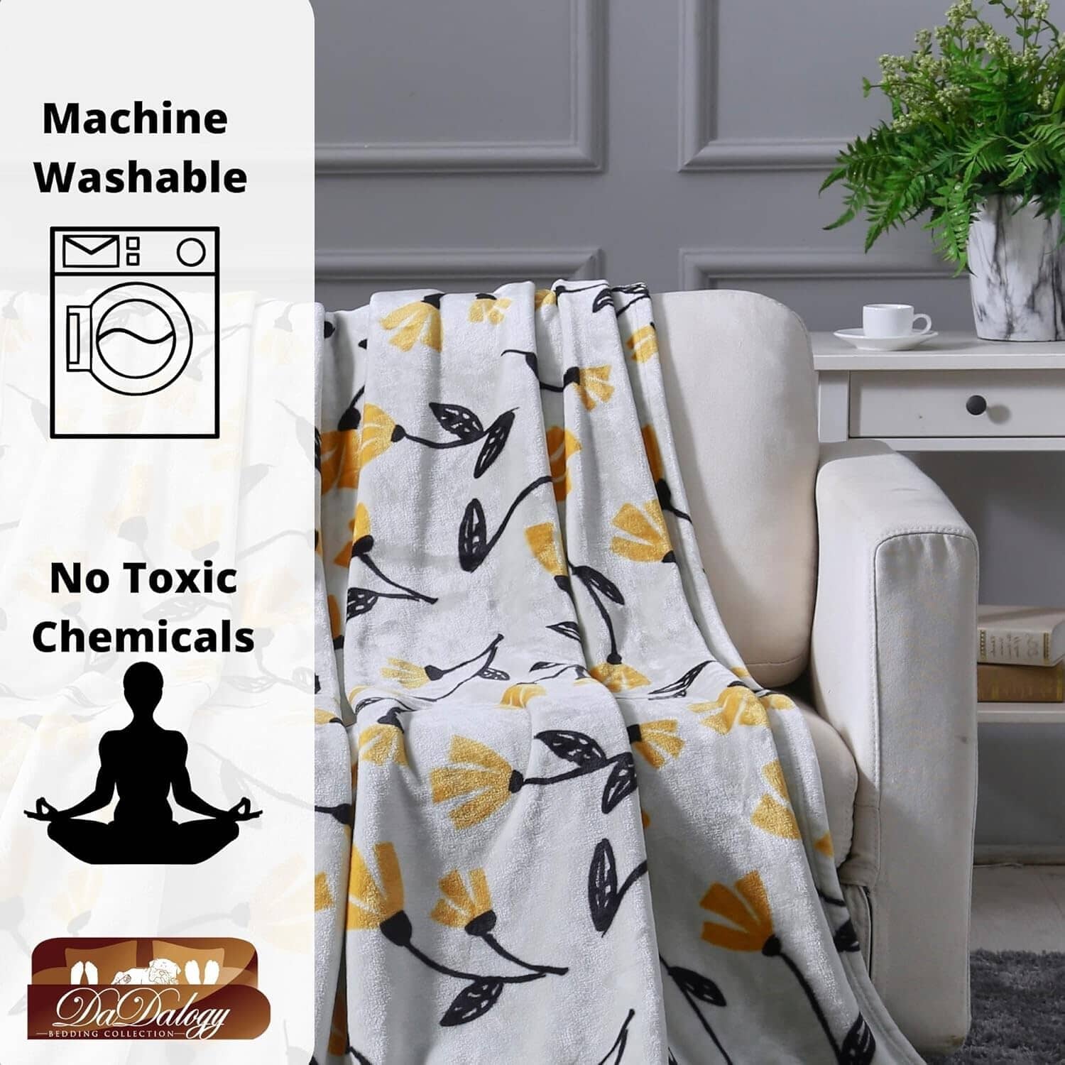 DaDa Bedding Soft Lightweight Fleece Throw Blanket, Yellow Fleur Floral Golden Orange Silver/Grey Background (XY1011)