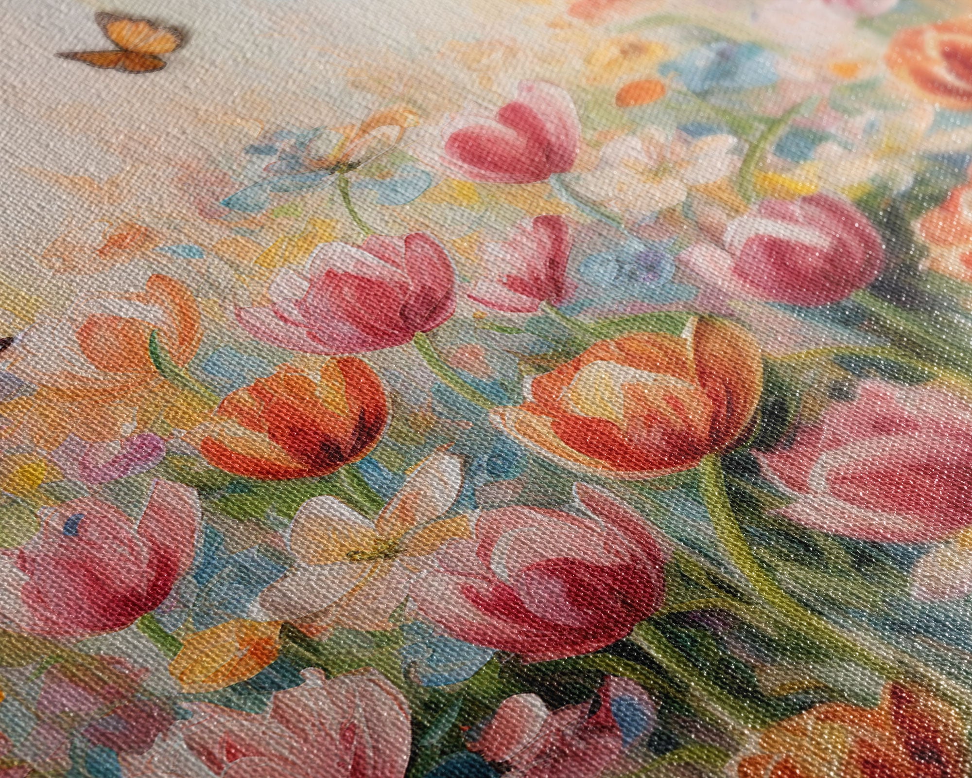 Tulip Field Wall Art, Flower Wall Print, Colorful Art, Butterfly Art, Canvas Print, Wall Art, Vertical Print, Birthday Gift, House Wall Art