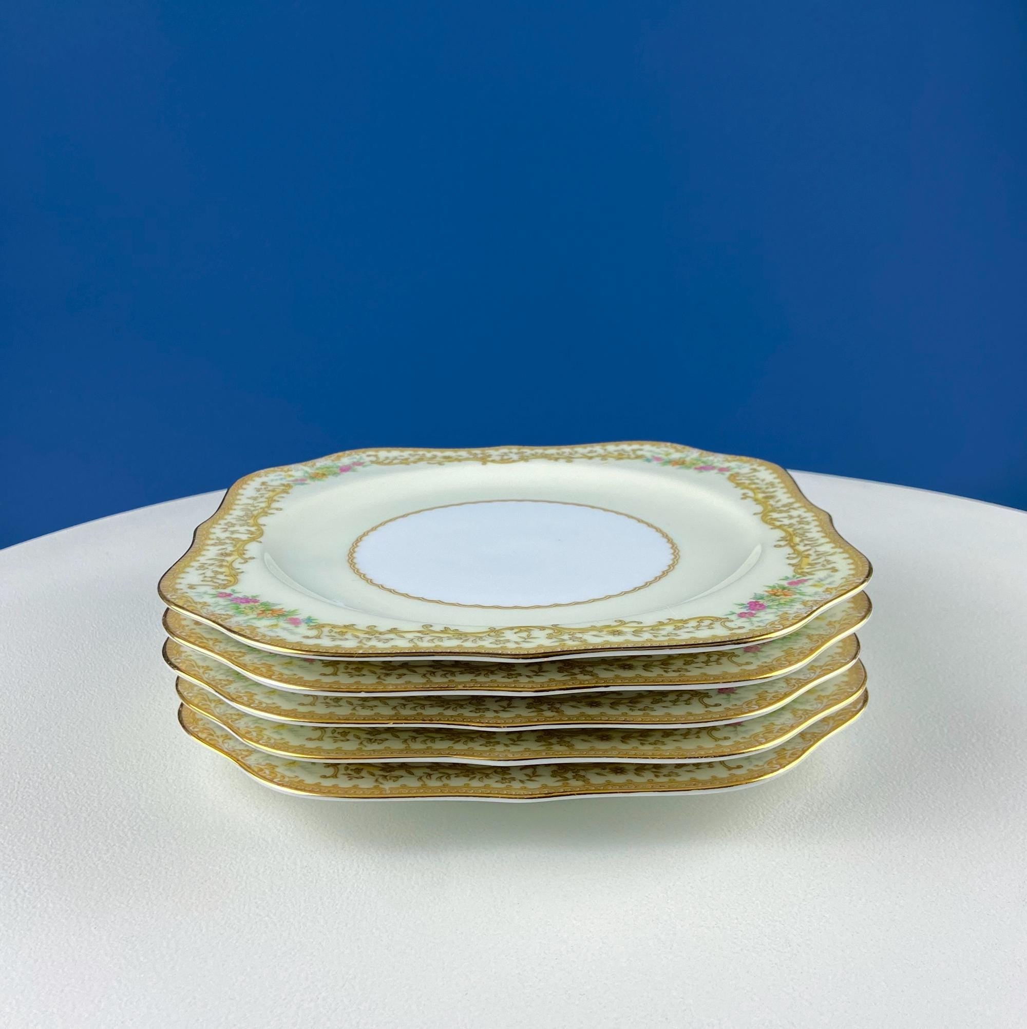 Dessert Salad Plates by Noritake, Elvira Pattern. 5 Porcelain Square Plates with Gold Garland Motifs. Hosting Essentials. Dining Room Decor.