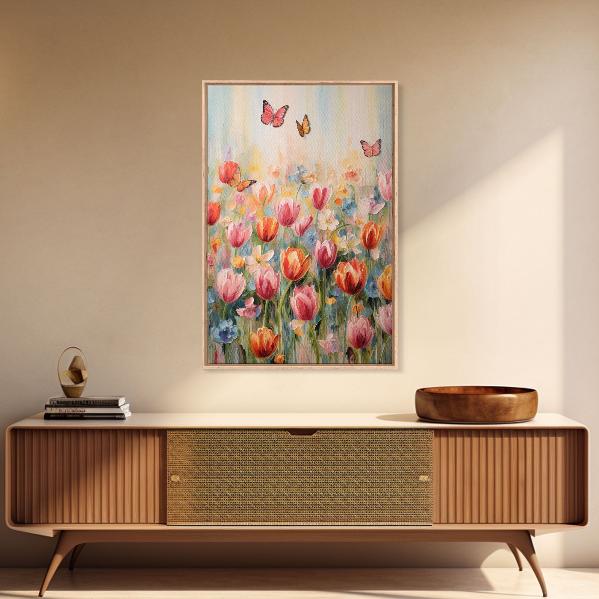 Tulip Field Wall Art, Flower Wall Print, Colorful Art, Butterfly Art, Canvas Print, Wall Art, Vertical Print, Birthday Gift, House Wall Art