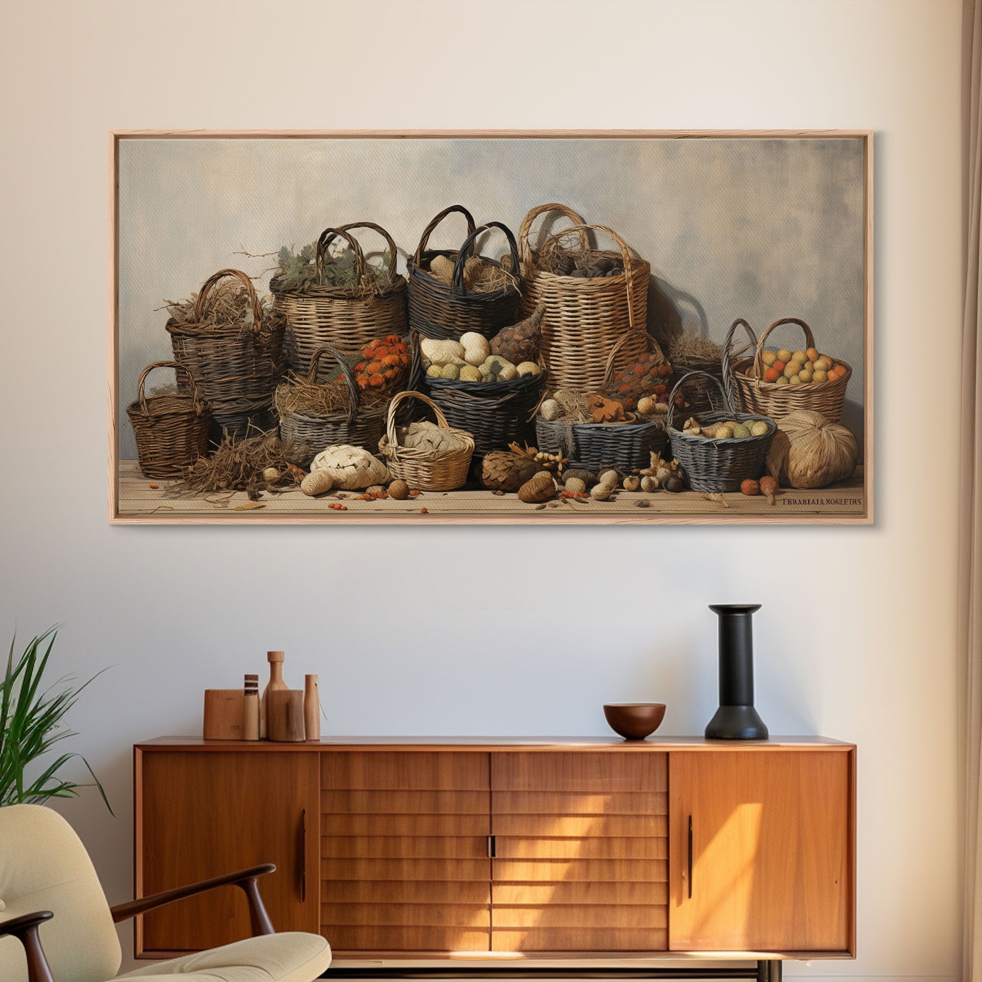 Cornucopia Wall Art, Basket Wall Decor Framed Canvas Print, Boho Wall Art, Wicker Round Bowl Art, Wicker Wall Art Print, Fall Decor