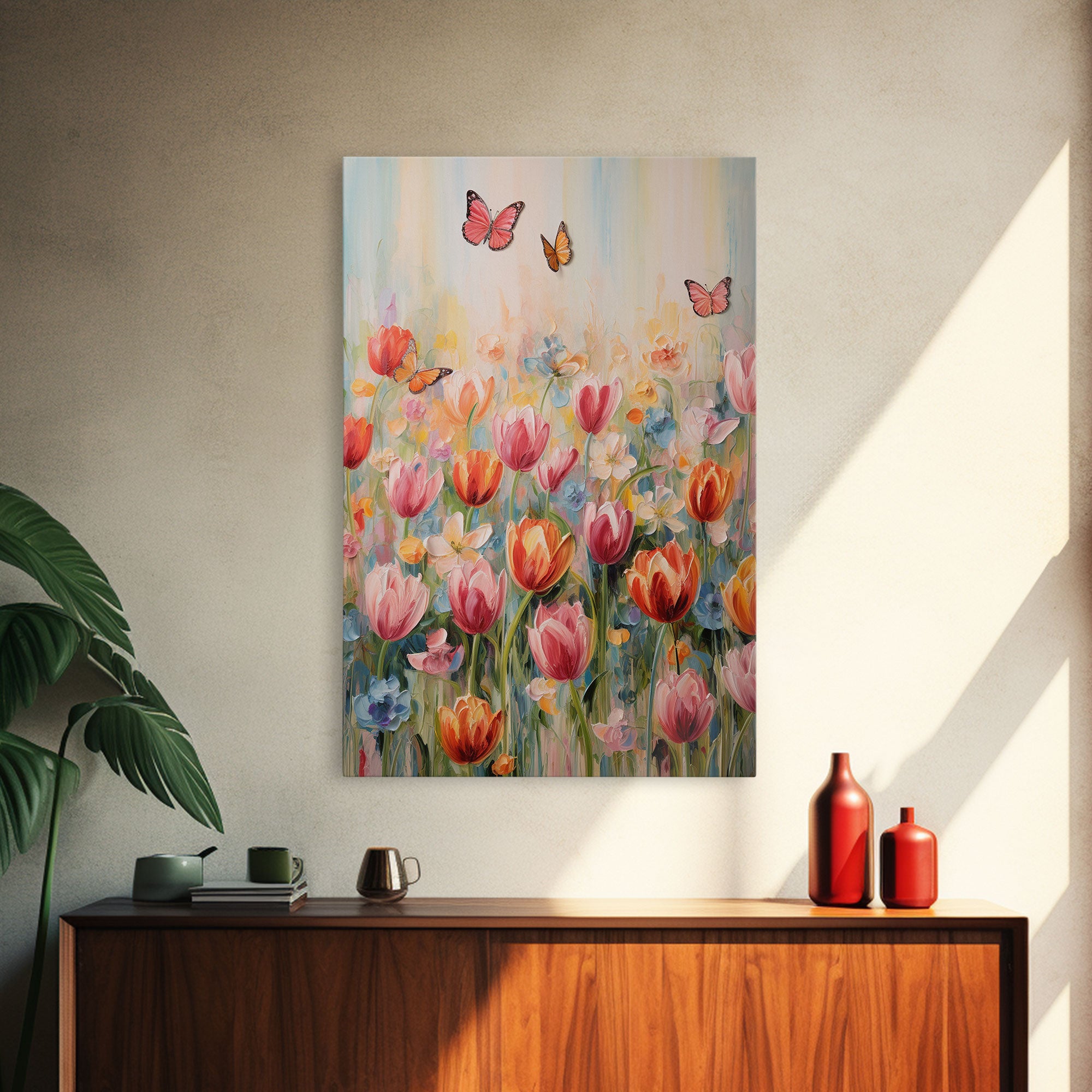 Tulip Field Wall Art, Flower Wall Print, Colorful Art, Butterfly Art, Canvas Print, Wall Art, Vertical Print, Birthday Gift, House Wall Art