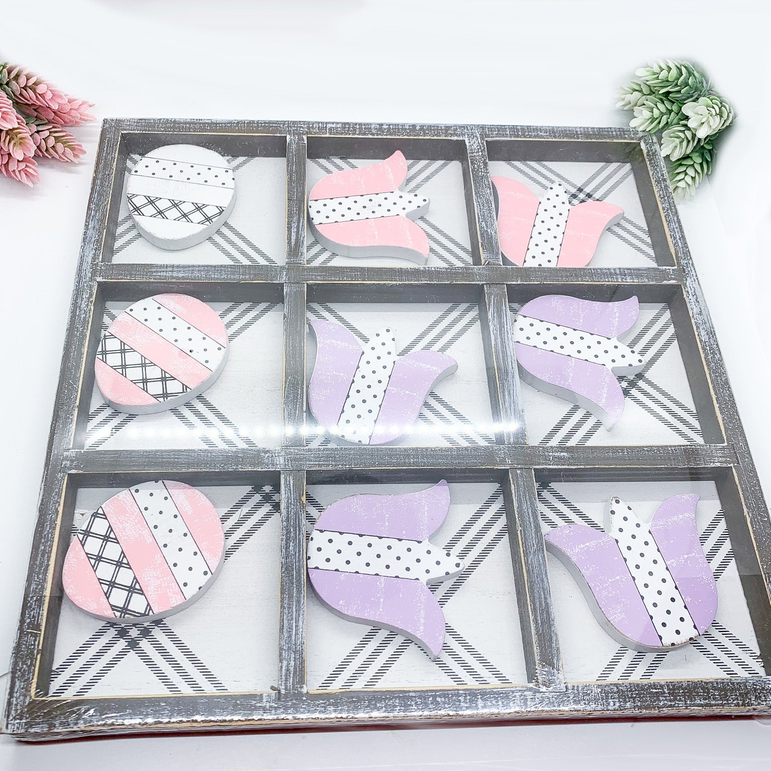 Easter Spring Tic Tac Toe Wooden Game Decor Set Tulip & Egg Pieces - 2 Sizes