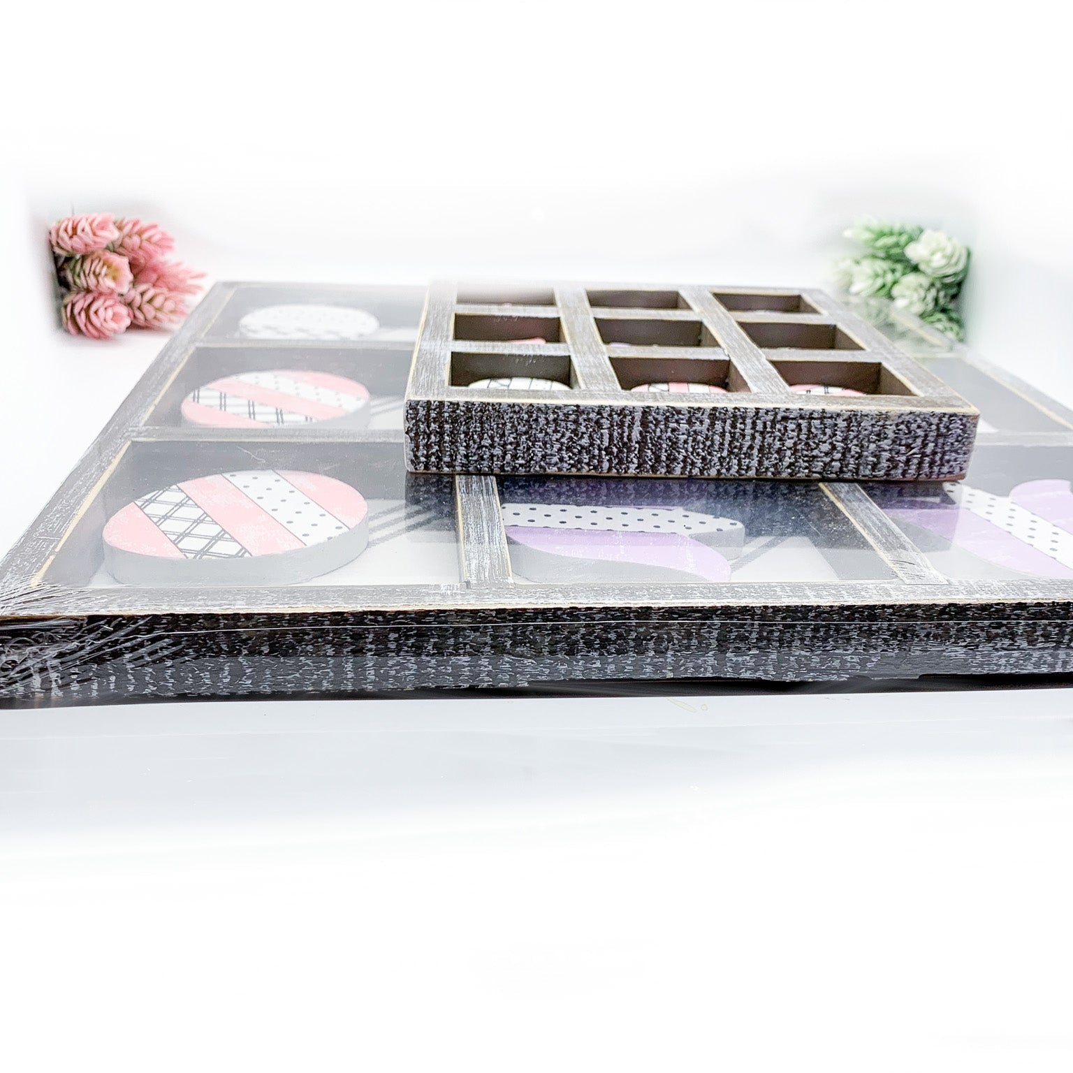 Easter Spring Tic Tac Toe Wooden Game Decor Set Tulip & Egg Pieces - 2 Sizes