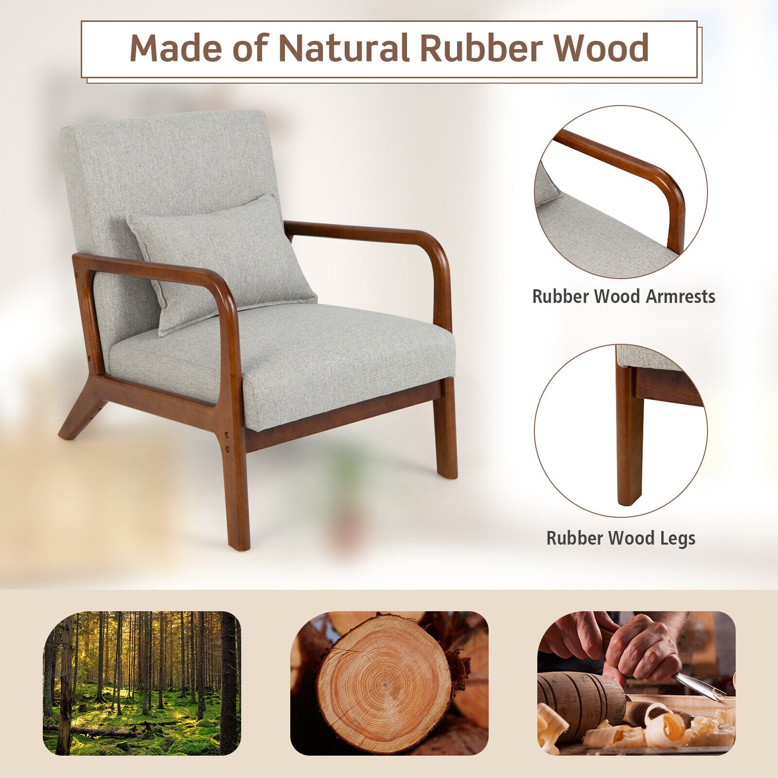 Modern Accent Chair with Rubber Wood Frame and Lumbar Pillow-Gray
