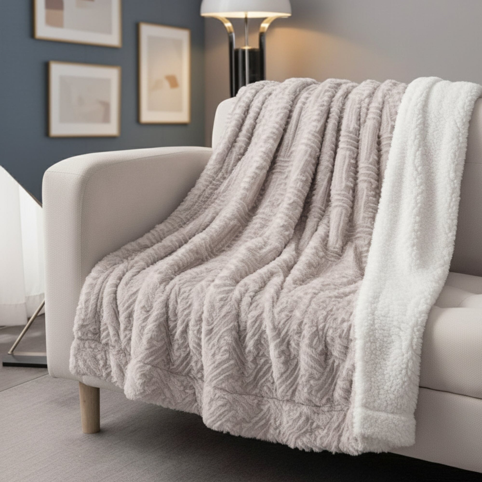 DaDalogy Bedding Lavender Grey Faux Fur Throw Blanket - Dreamy Geometric Embossed Sherpa Backside - Super Soft Warm Cozy Plush Fluffy