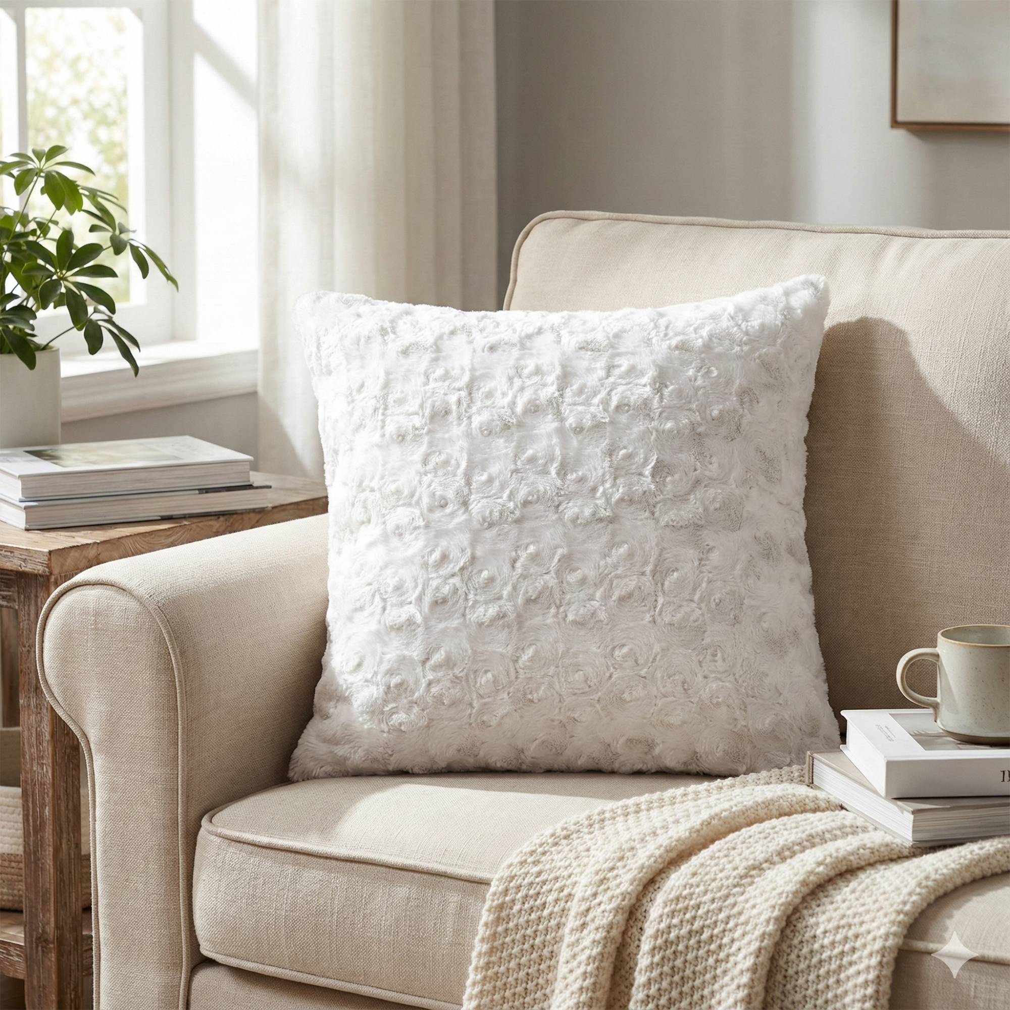 DaDa Bedding Luxury White Roses Swirls Faux Fur Euro Cushion Throw Pillow Cover (K11)
