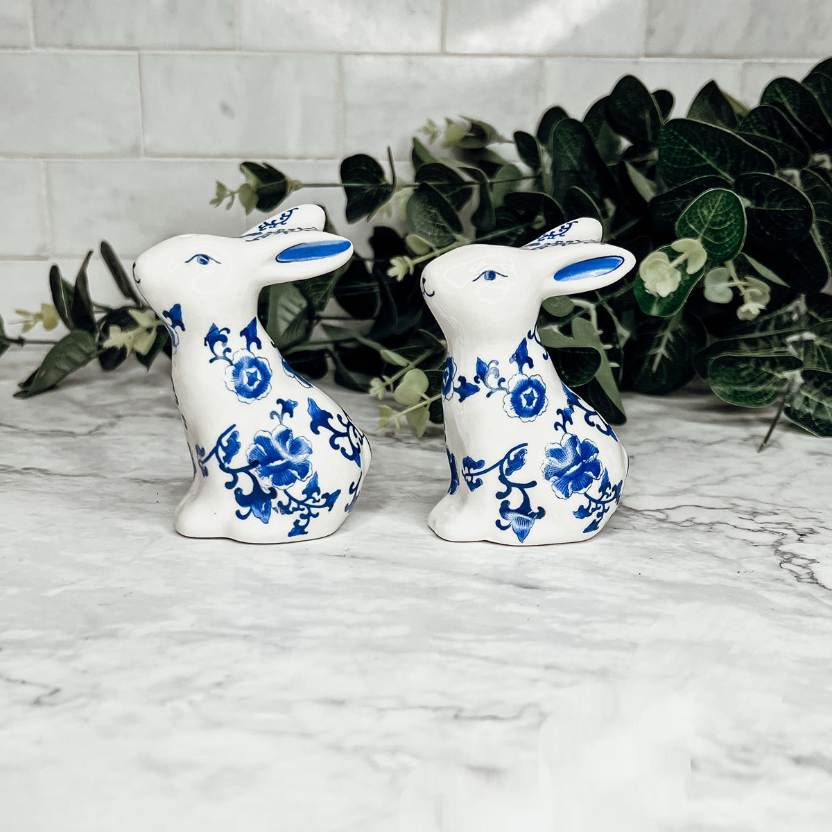 Blue Bunny Porcelain Salt and Pepper Shakers Hand-Painted Easter Spring Decor