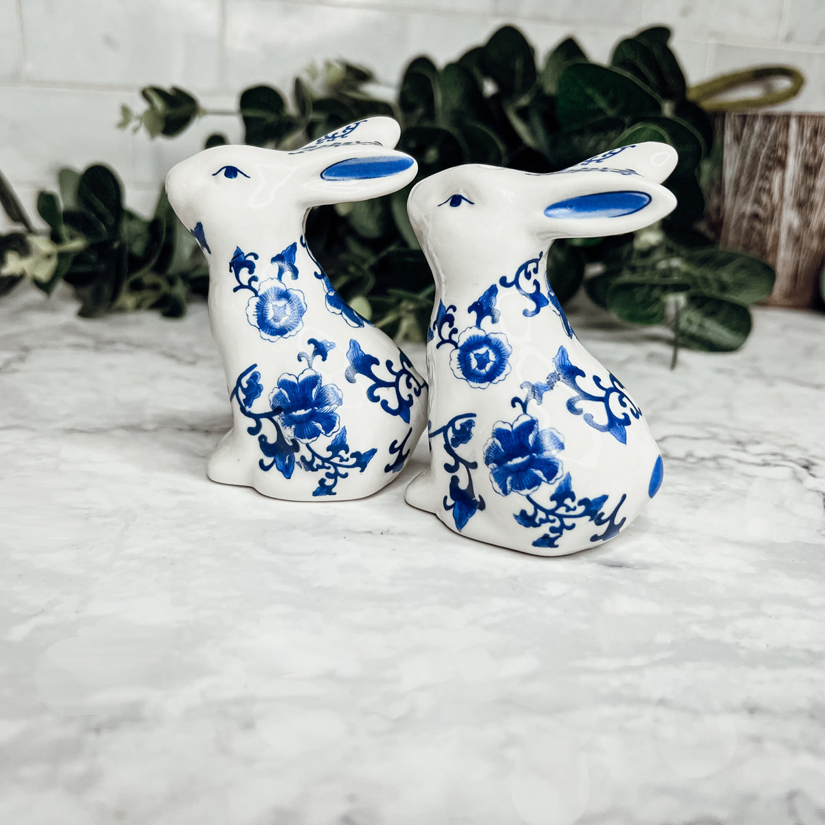 Blue Bunny Porcelain Salt and Pepper Shakers Hand-Painted Easter Spring Decor