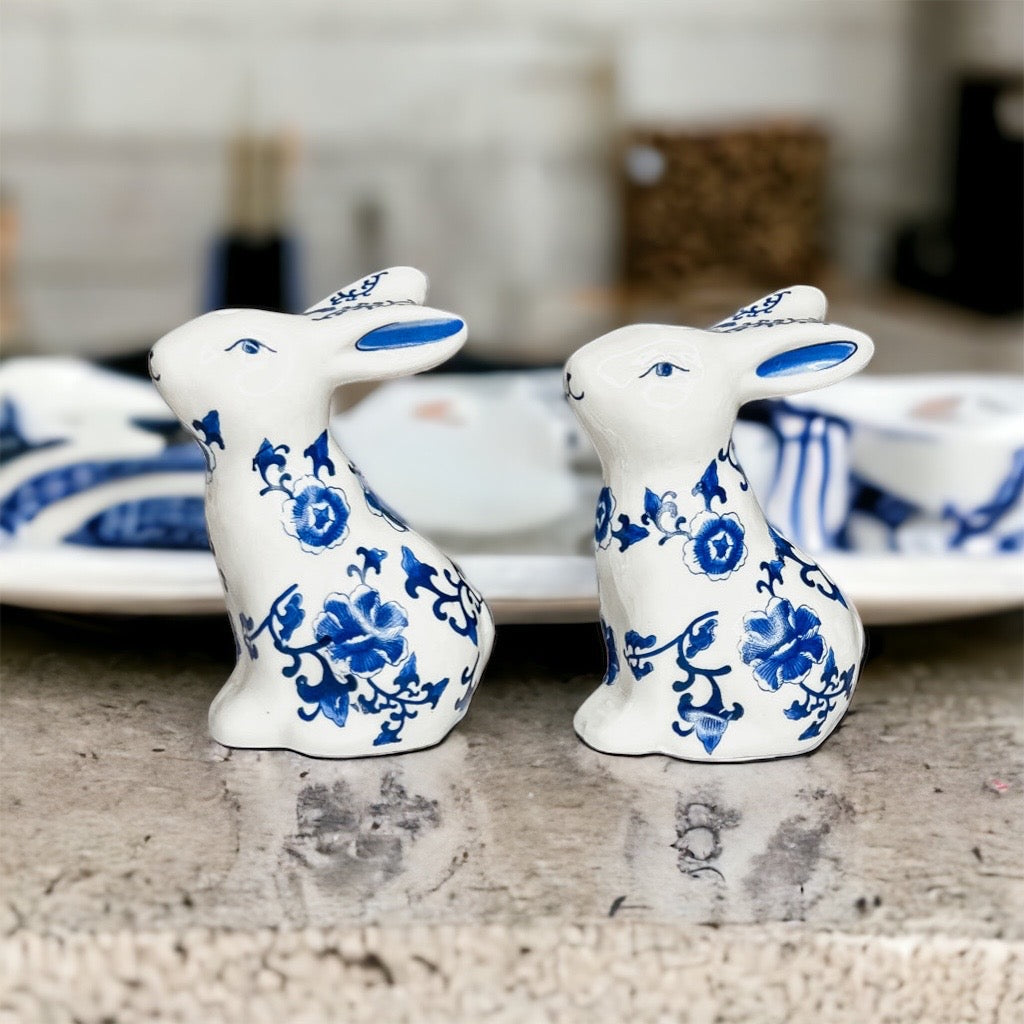 Blue Bunny Porcelain Salt and Pepper Shakers Hand-Painted Easter Spring Decor