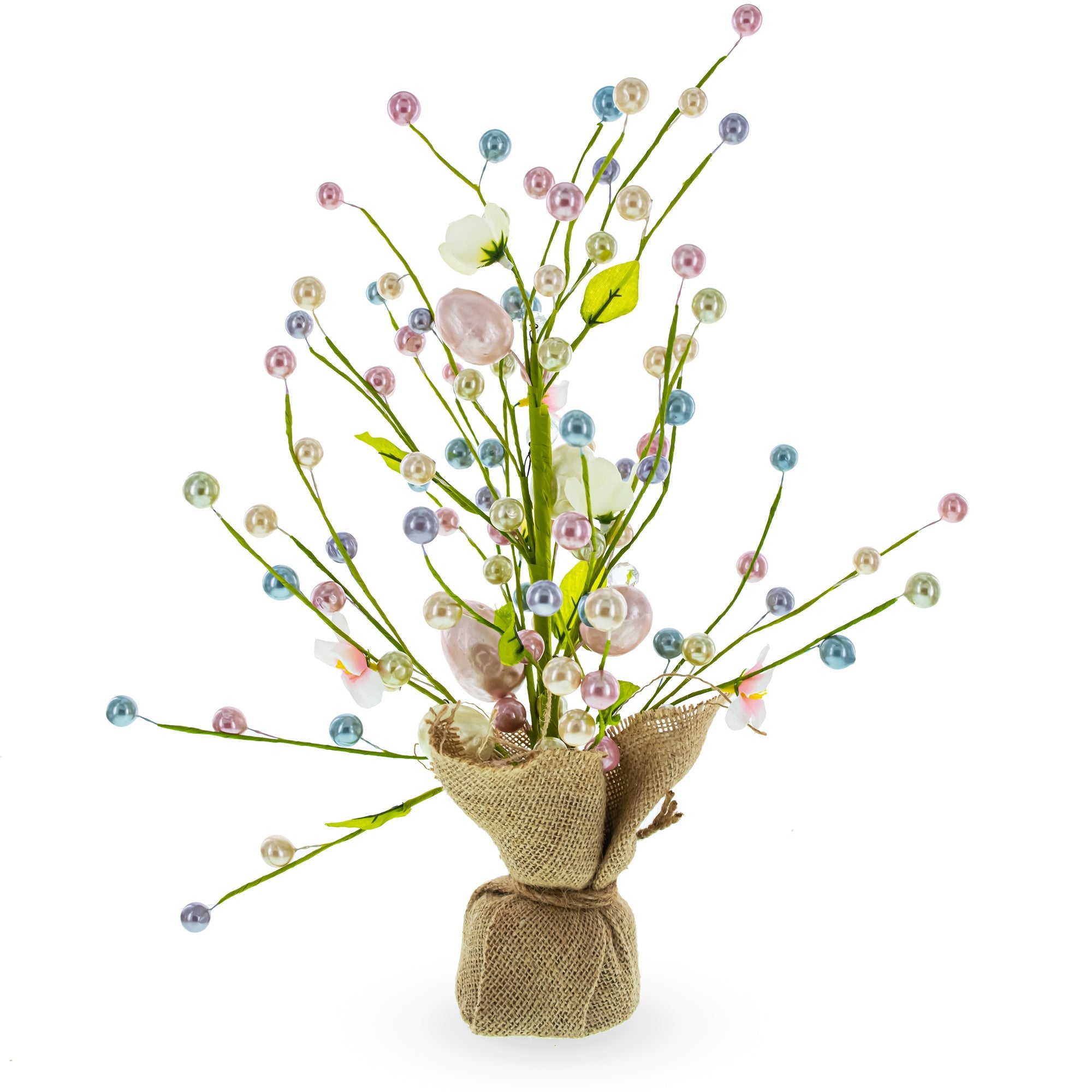 Easter Berry & Egg Floral Branch Arrangement – Rustic Spring Tabletop Centerpiece with Burlap Base 17.5 Inches Tall