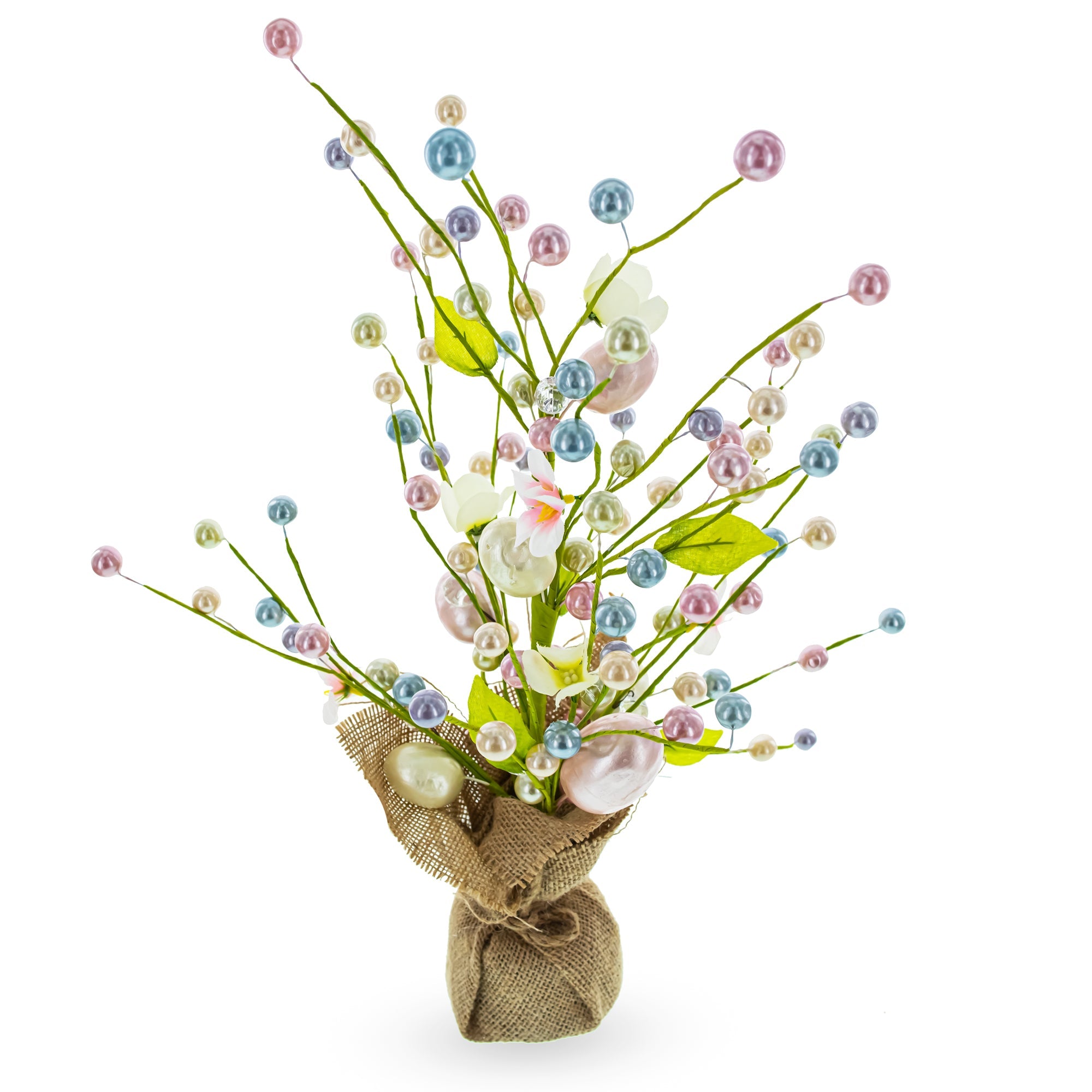 Easter Berry & Egg Floral Branch Arrangement – Rustic Spring Tabletop Centerpiece with Burlap Base 17.5 Inches Tall