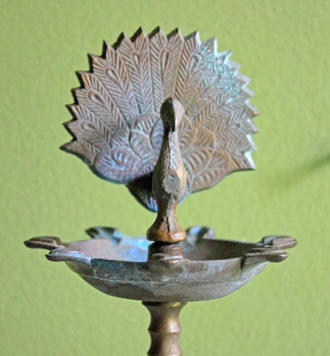 Antique Brass Diya Oil Lamp, Handcrafted Elephants & Peacocks, 15