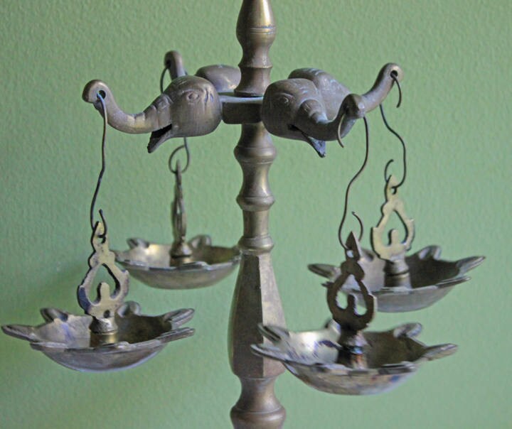 Antique Brass Diya Oil Lamp, Handcrafted Elephants & Peacocks, 15