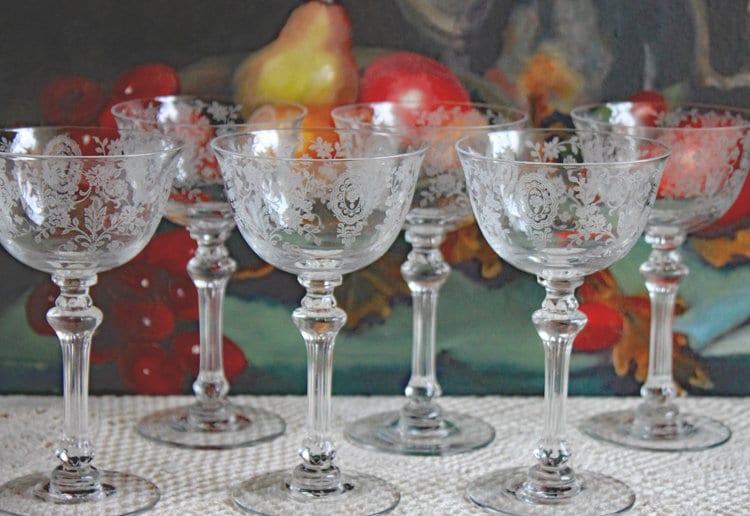 Fostoria Ice Tea Footed Tumblers. Etched Woodland Pattern. Vintage Fostoria Crystal Glasses. Set of 7 Stemware. Collectible Glass.