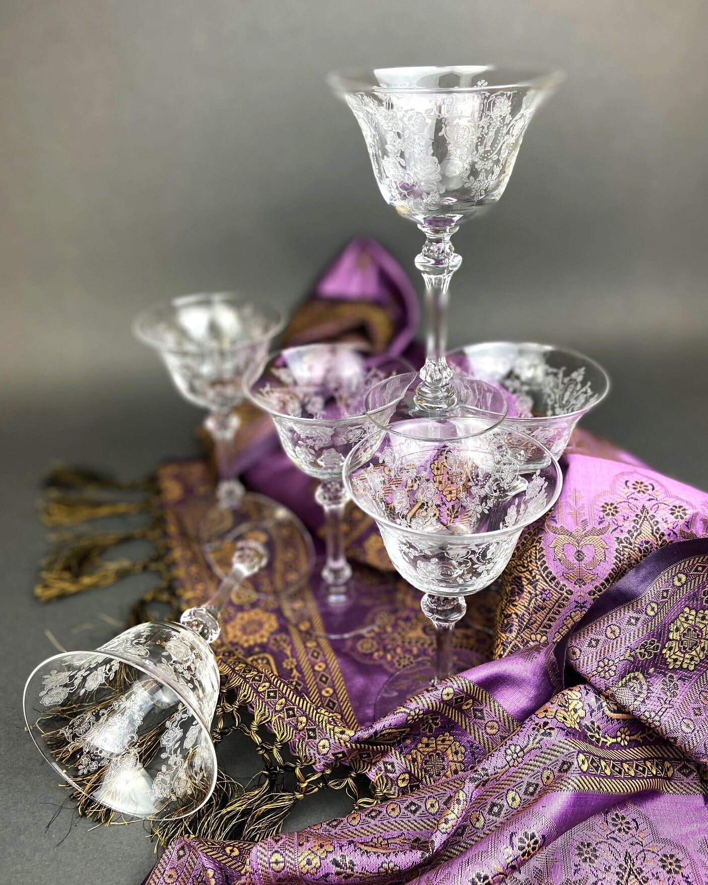 Antique Tiffin Franciscan Champagne Glasses in Cherokee Rose Pattern - Set of 6