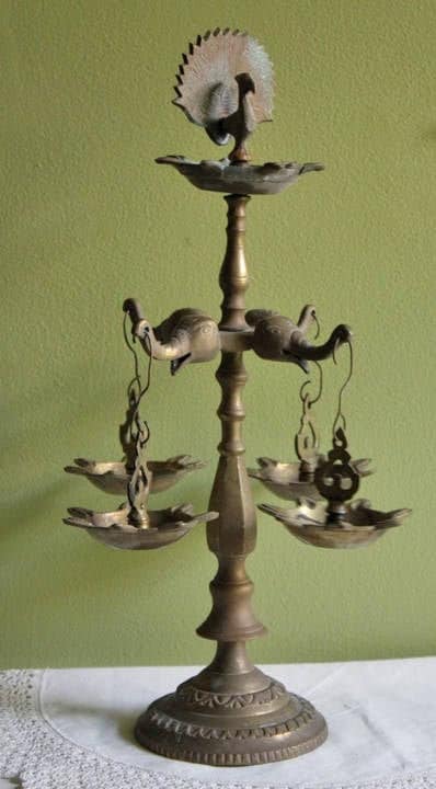 Antique Brass Diya Oil Lamp, Handcrafted Elephants & Peacocks, 15
