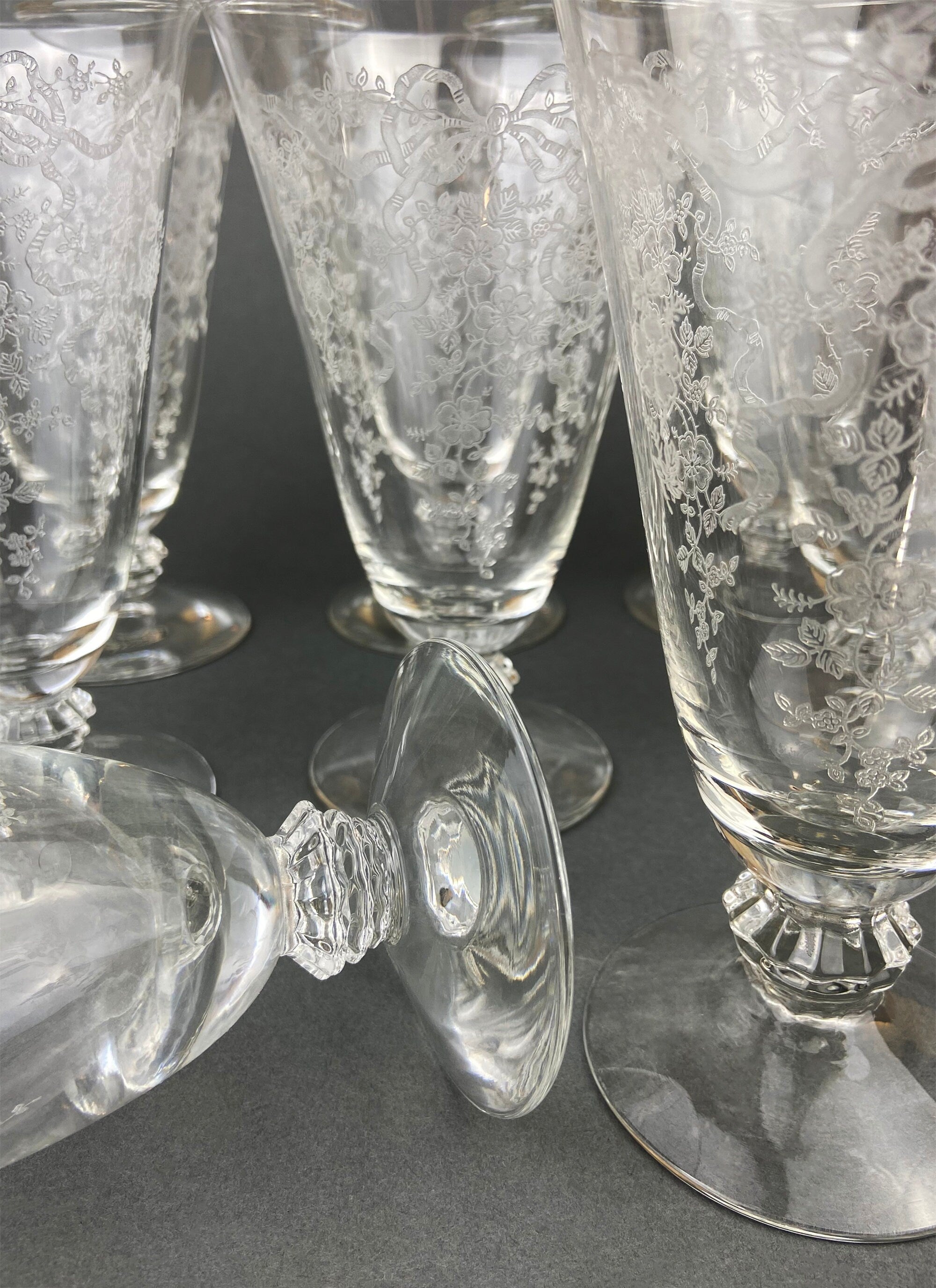 Fostoria Ice Tea Footed Tumblers. Etched Woodland Pattern. Vintage Fostoria Crystal Glasses. Set of 7 Stemware. Collectible Glass.