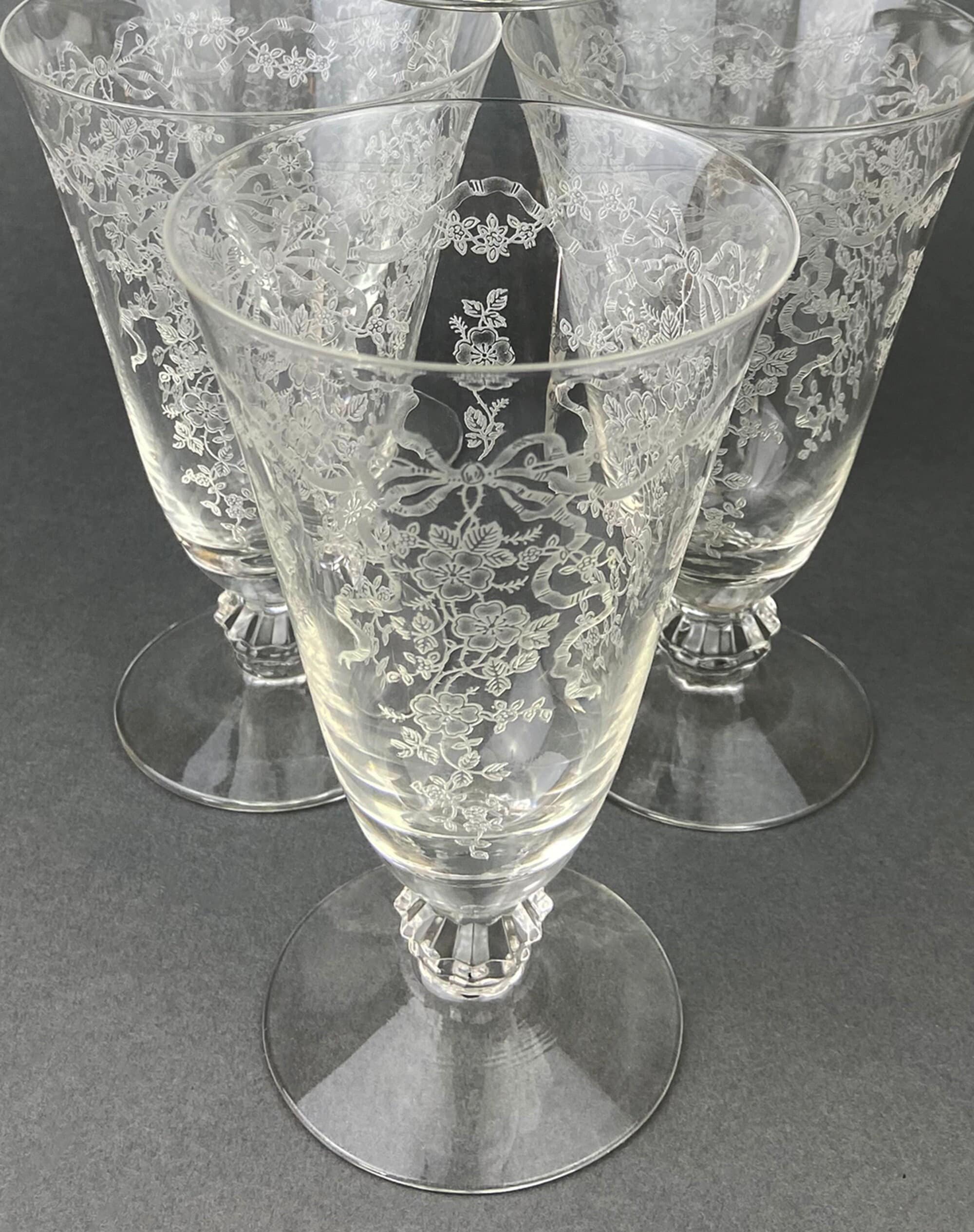 Fostoria Ice Tea Footed Tumblers. Etched Woodland Pattern. Vintage Fostoria Crystal Glasses. Set of 7 Stemware. Collectible Glass.