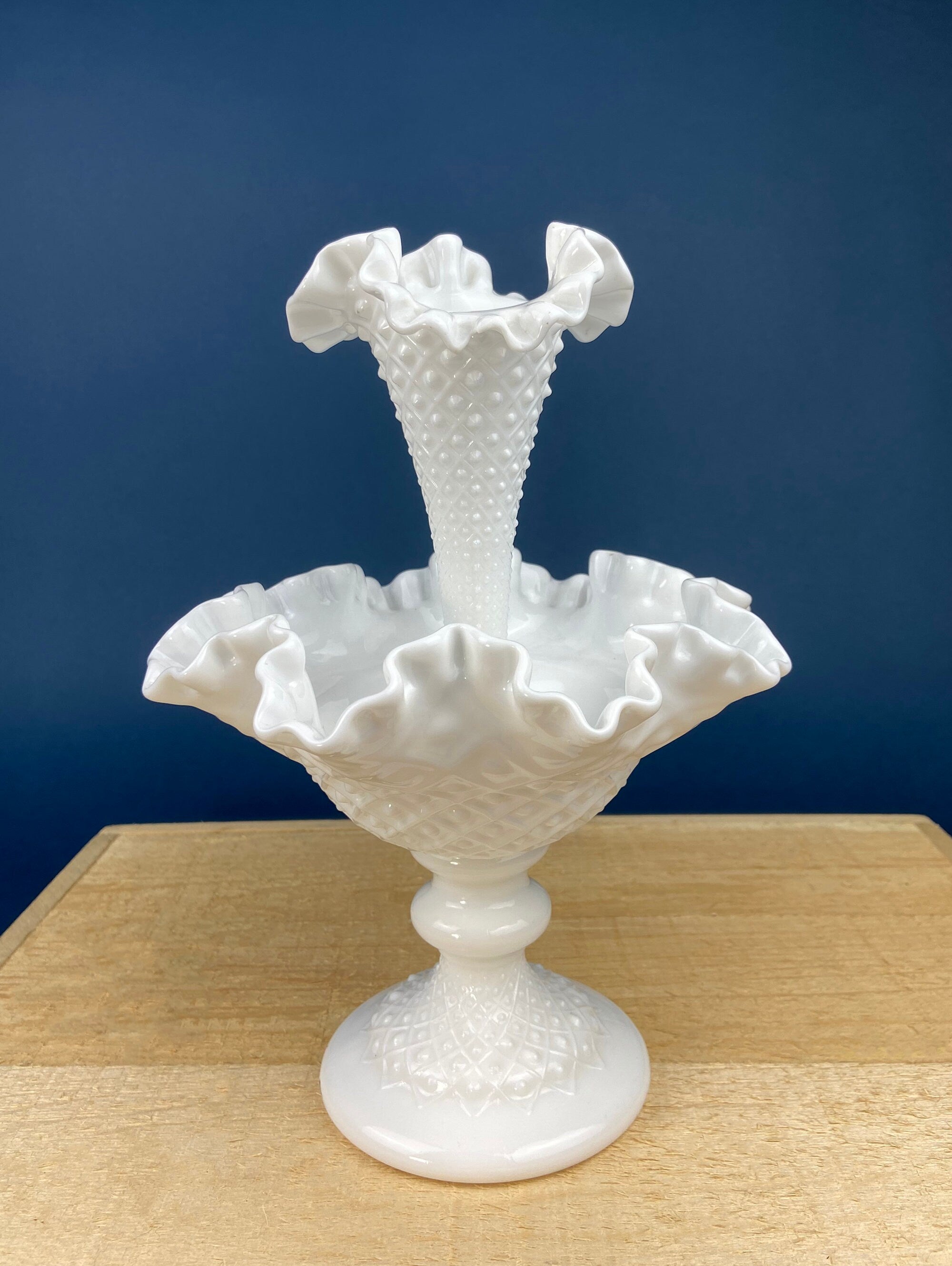 Milk Glass Three Horn Epergne Flower Vase. Fenton, Hobnail Vase & Bowl Combined. Table Centerpiece with Ruffled Rim.