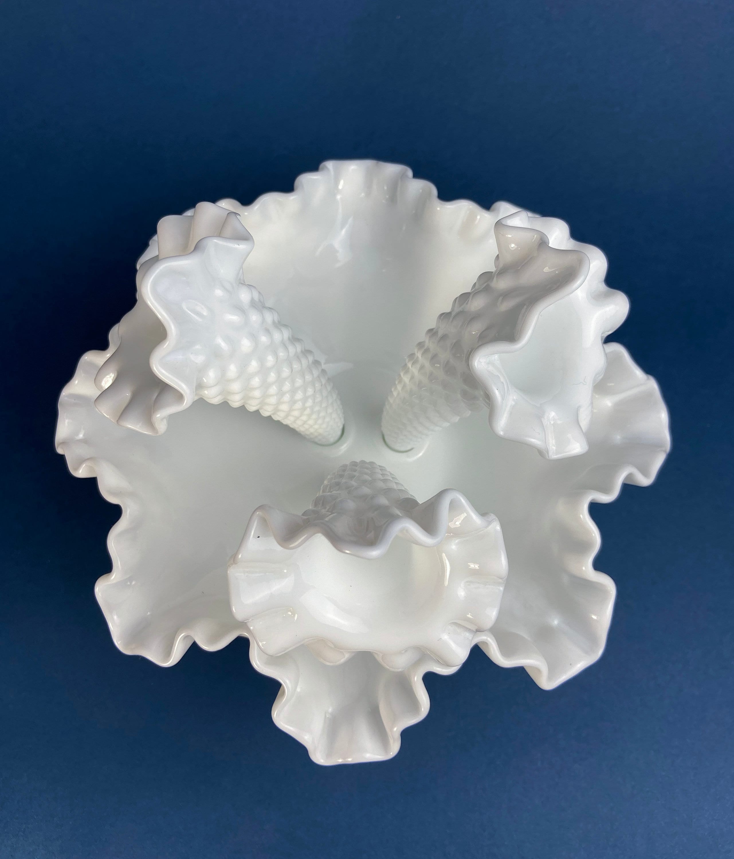 Milk Glass Three Horn Epergne Flower Vase. Fenton, Hobnail Vase & Bowl Combined. Table Centerpiece with Ruffled Rim.