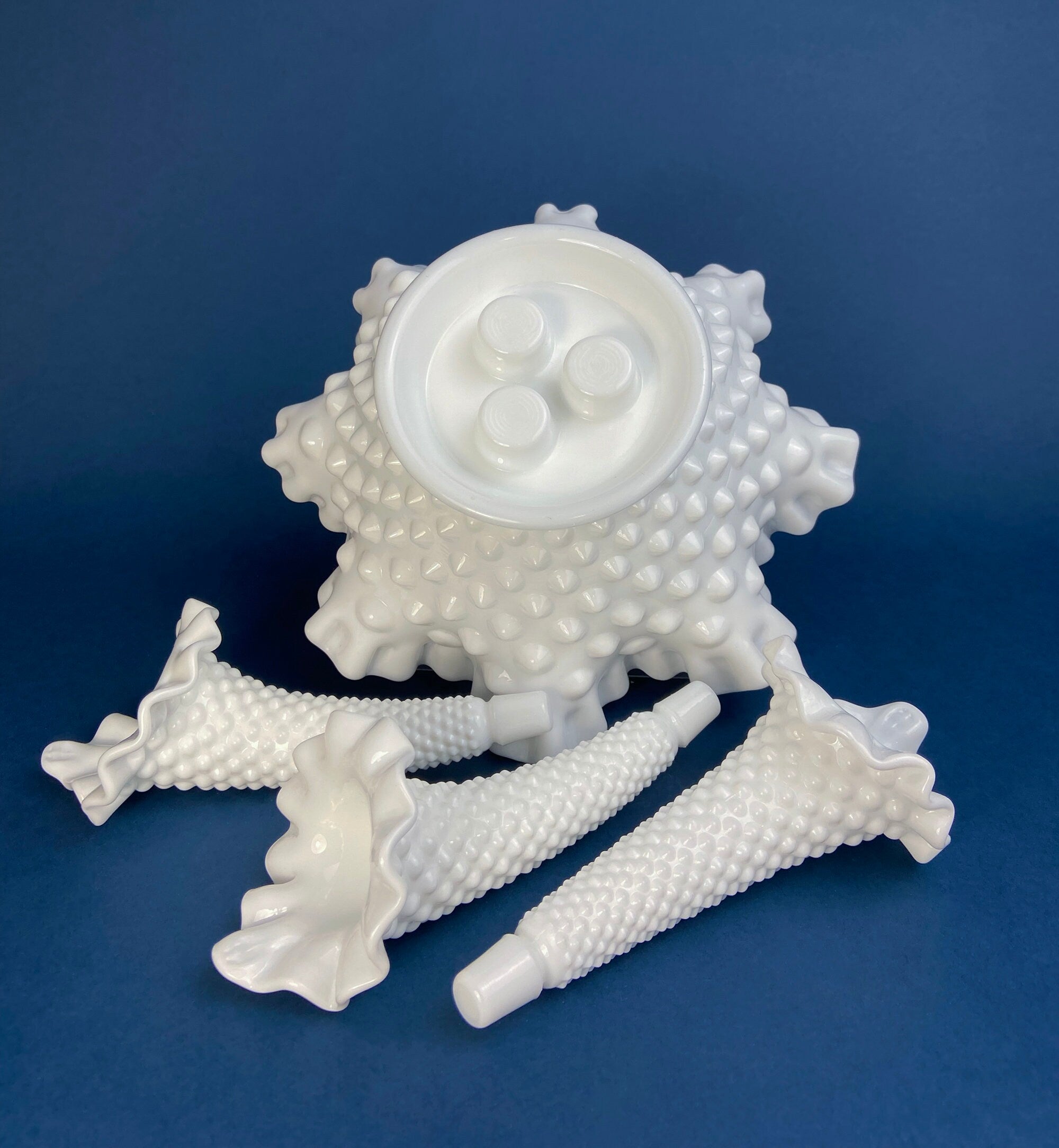 Milk Glass Three Horn Epergne Flower Vase. Fenton, Hobnail Vase & Bowl Combined. Table Centerpiece with Ruffled Rim.