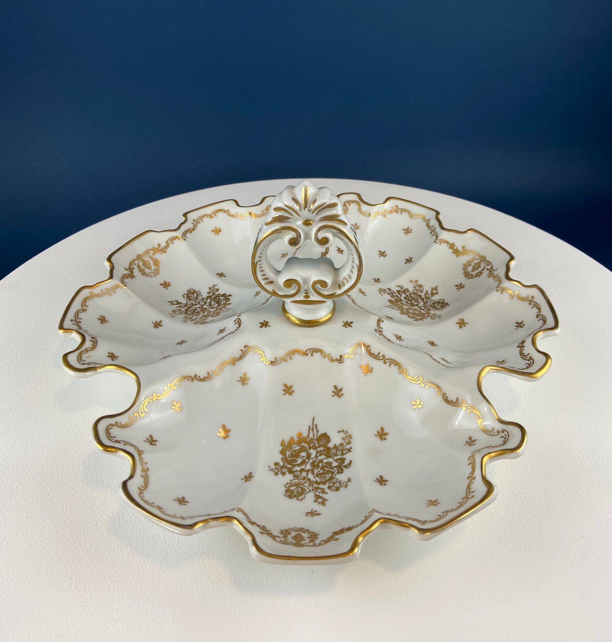 Antique Limoges Porcelain Divided Bowl: Gold Floral Motif, Scalloped Rim