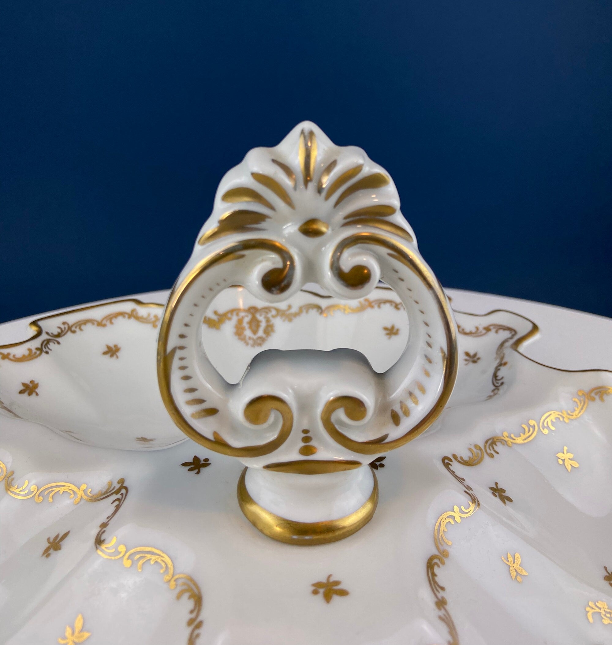 Antique Limoges Porcelain Divided Bowl: Gold Floral Motif, Scalloped Rim