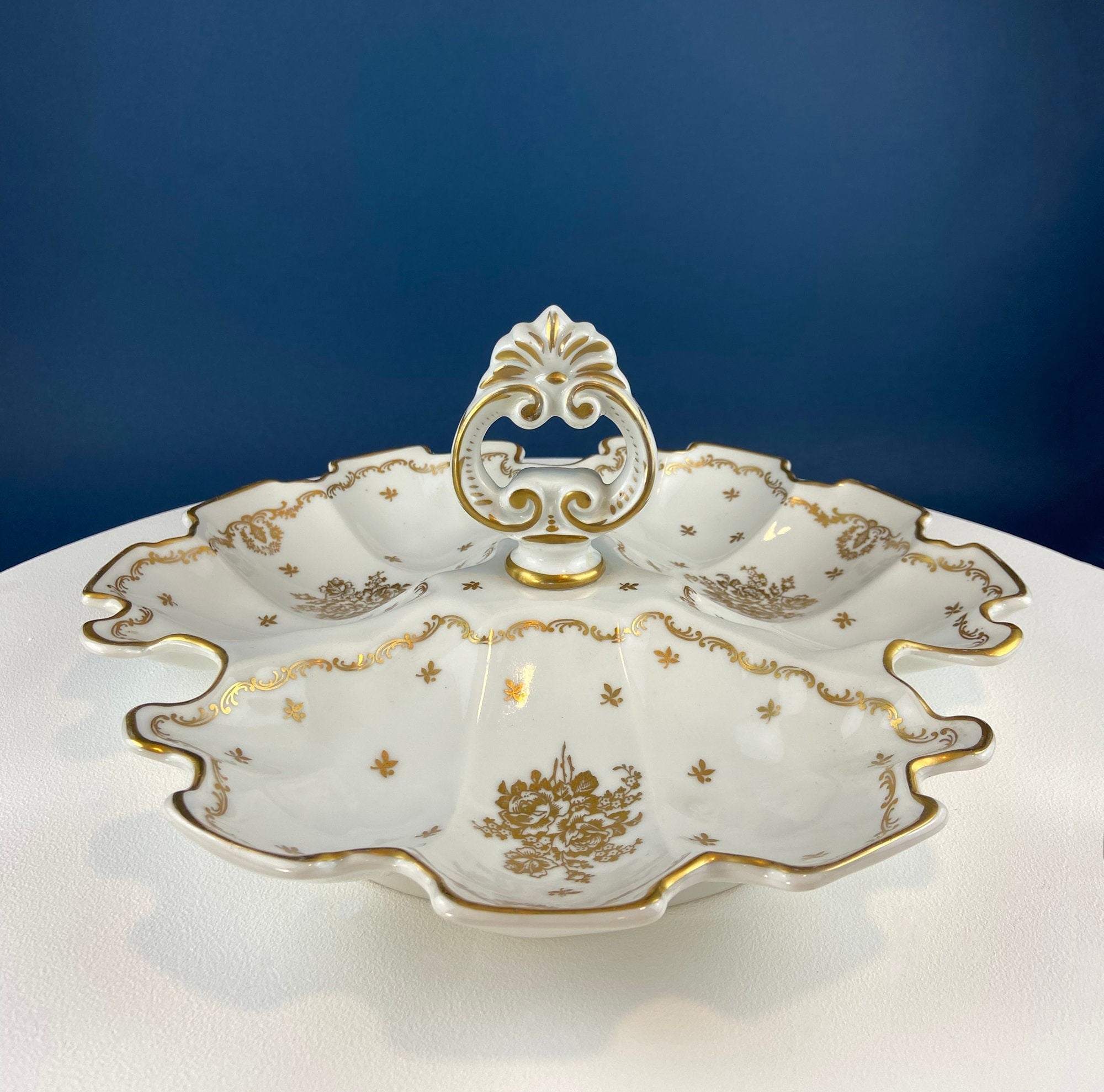 Antique Limoges Porcelain Divided Bowl: Gold Floral Motif, Scalloped Rim