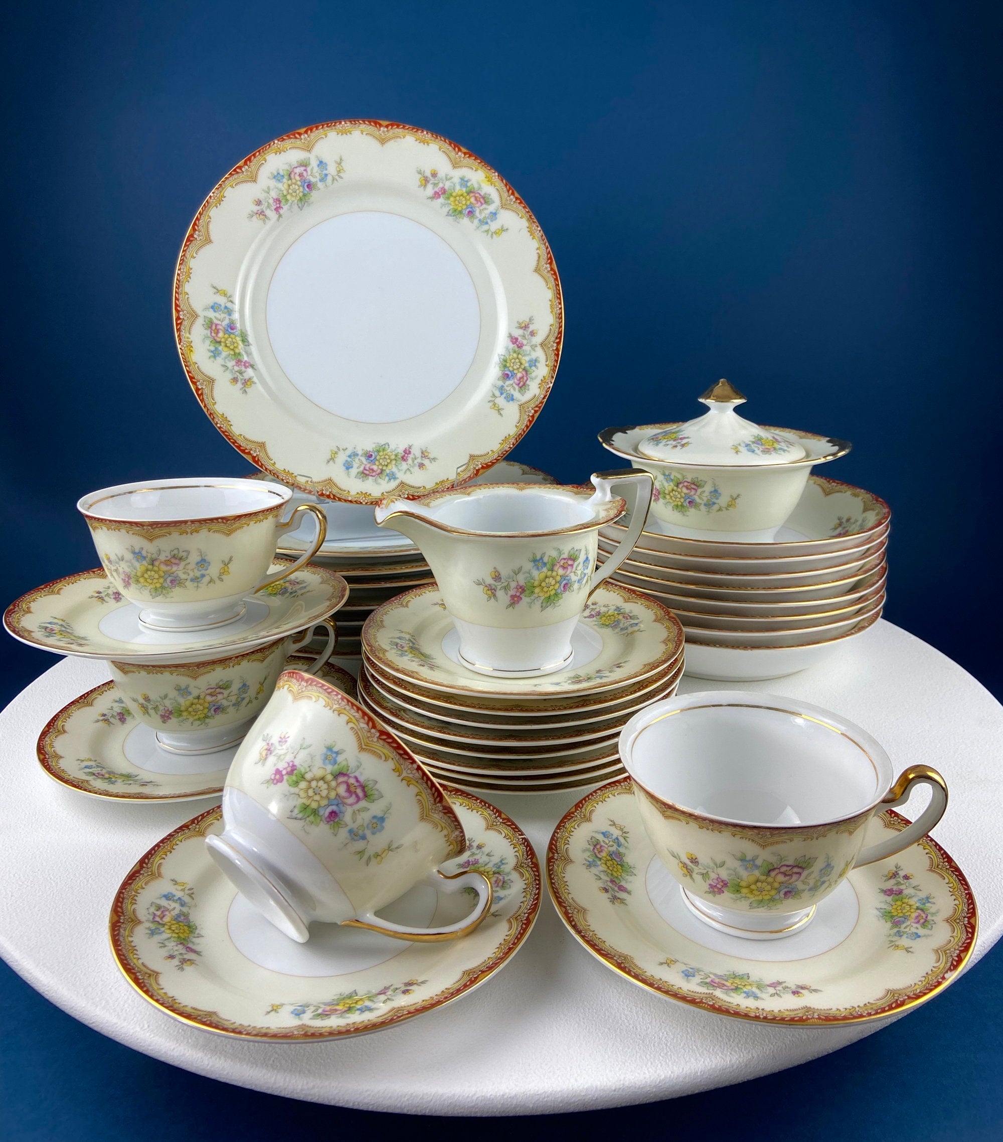 Vintage Dinner Set with Yellow Red Bands Rose Garlands. Kikusui China: 8 Dinner & Salad Plates, 6 Soup Plates, 4 Cups Saucers, Creamer/Sugar