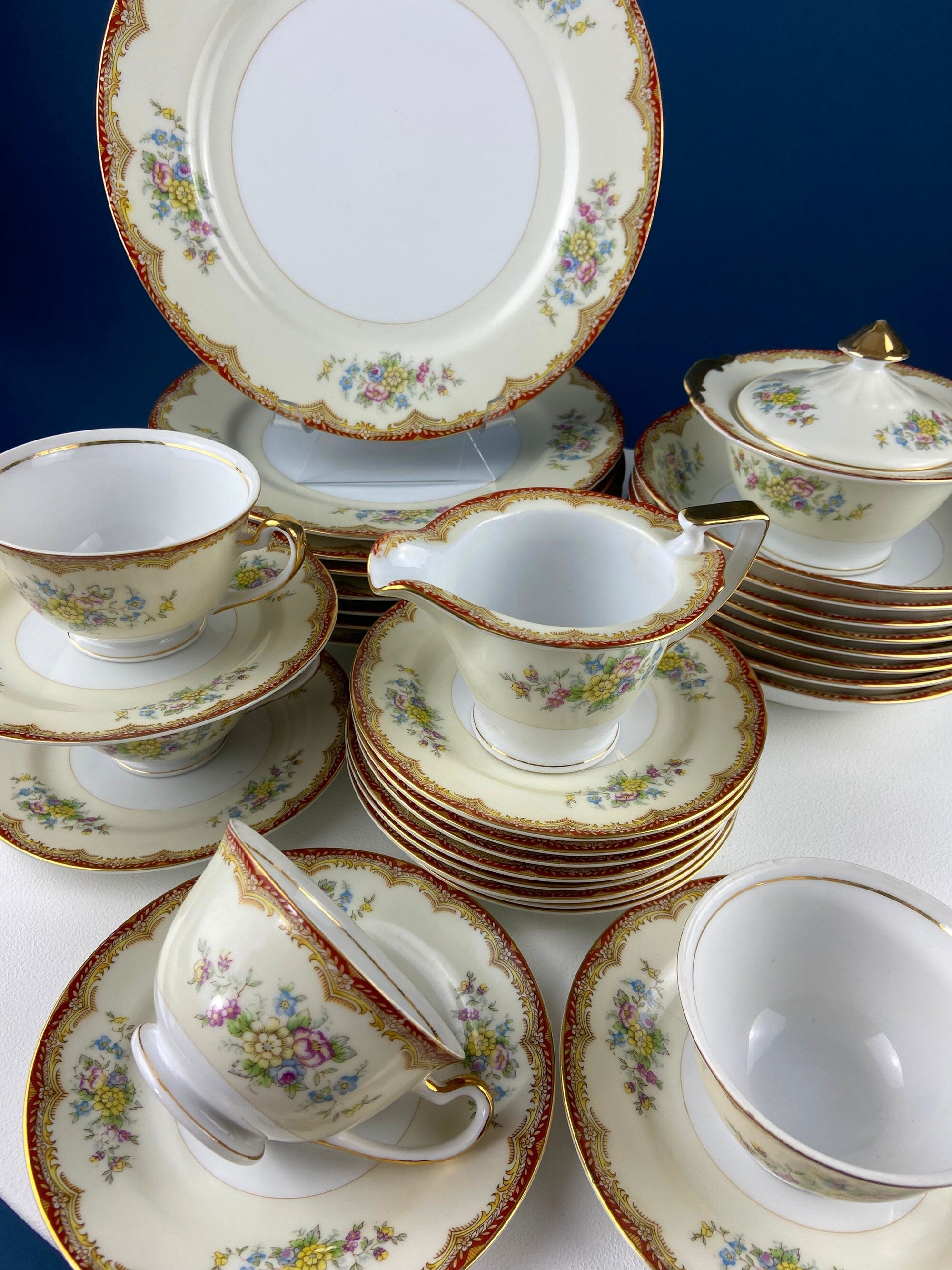 Vintage Dinner Set with Yellow Red Bands Rose Garlands. Kikusui China: 8 Dinner & Salad Plates, 6 Soup Plates, 4 Cups Saucers, Creamer/Sugar