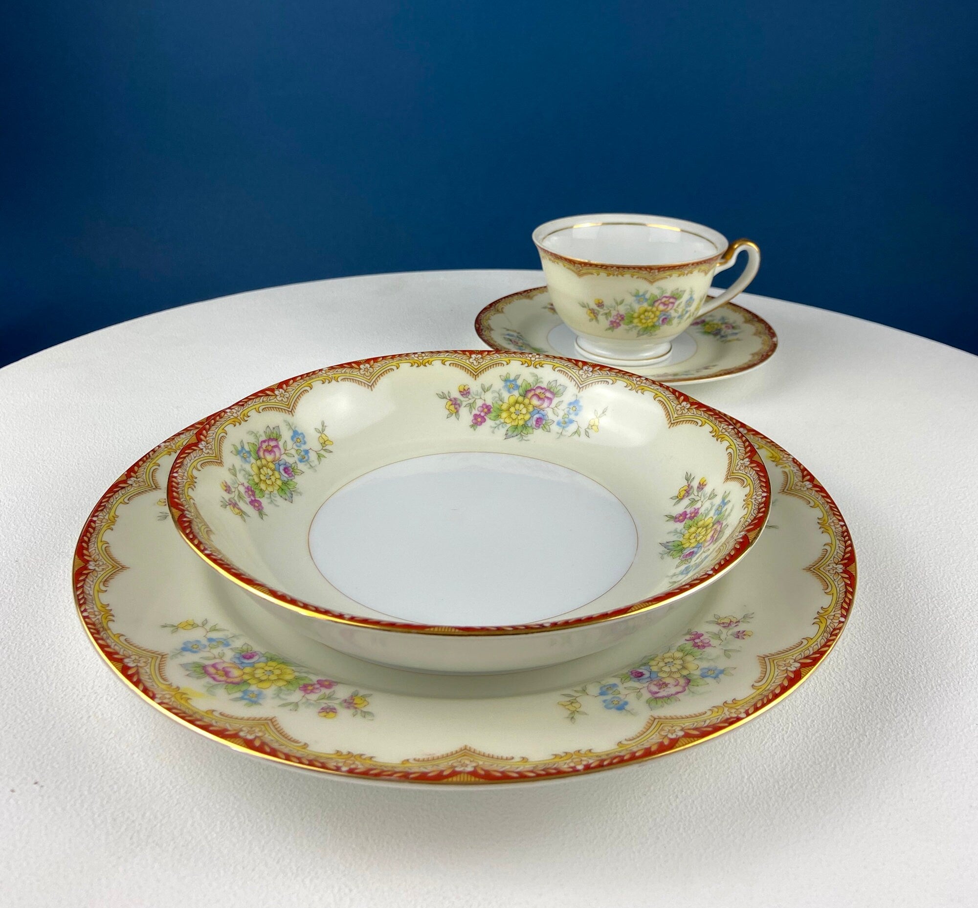 Vintage Dinner Set with Yellow Red Bands Rose Garlands. Kikusui China: 8 Dinner & Salad Plates, 6 Soup Plates, 4 Cups Saucers, Creamer/Sugar