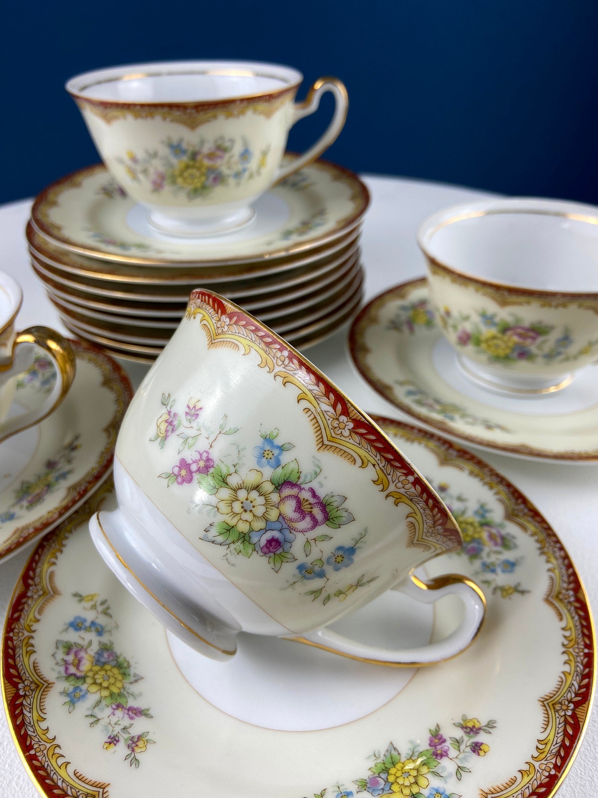 Vintage Dinner Set with Yellow Red Bands Rose Garlands. Kikusui China: 8 Dinner & Salad Plates, 6 Soup Plates, 4 Cups Saucers, Creamer/Sugar