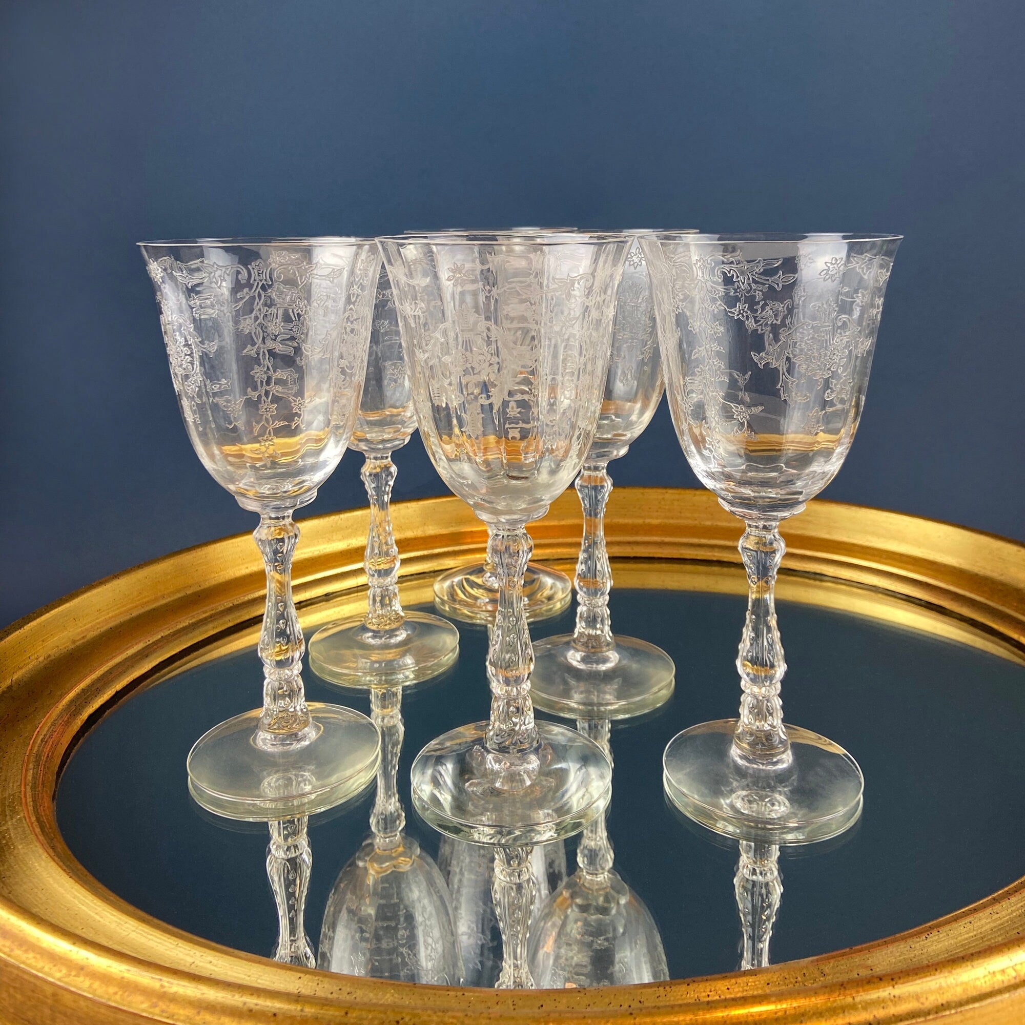 Vintage Fostoria Navarre Wine Goblets. Set of 6 Etched Crystal Glasses. Home Decor. Dining Room Decor. Collectible Glassware. Wedding Gift.