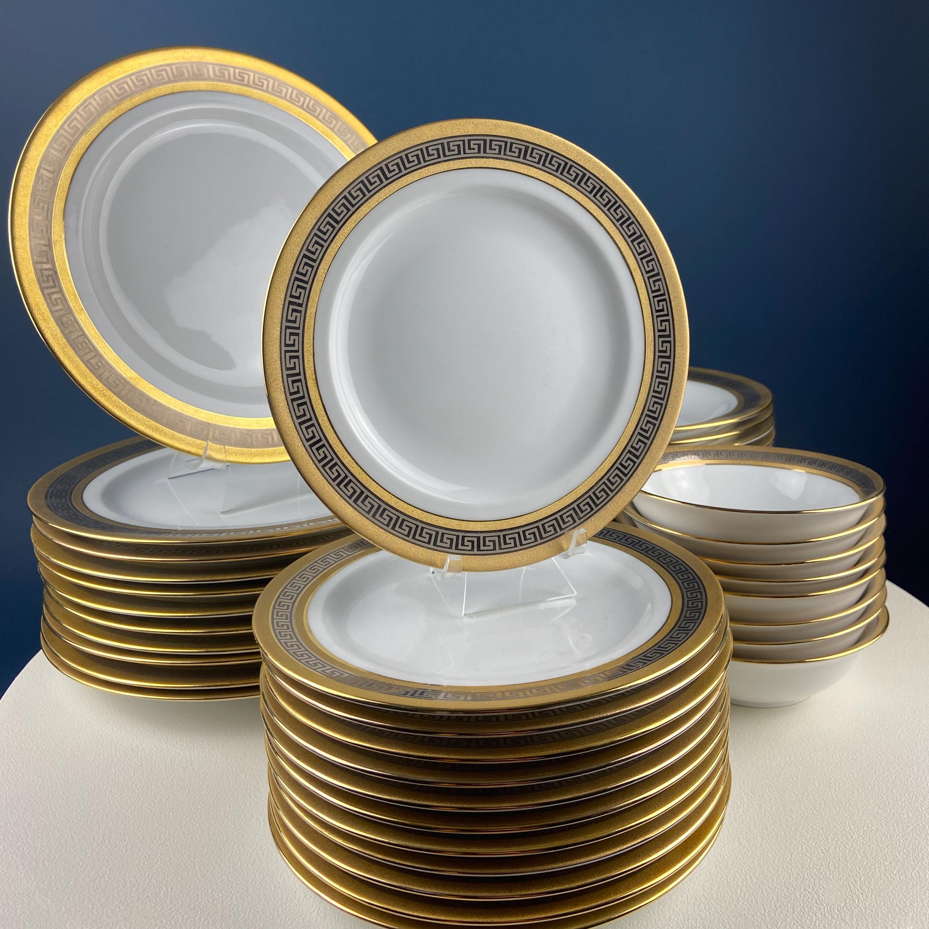 Vintage Sheng Xing Porcelain Dinnerware Set: White, Gold & Platinum Greek Motif