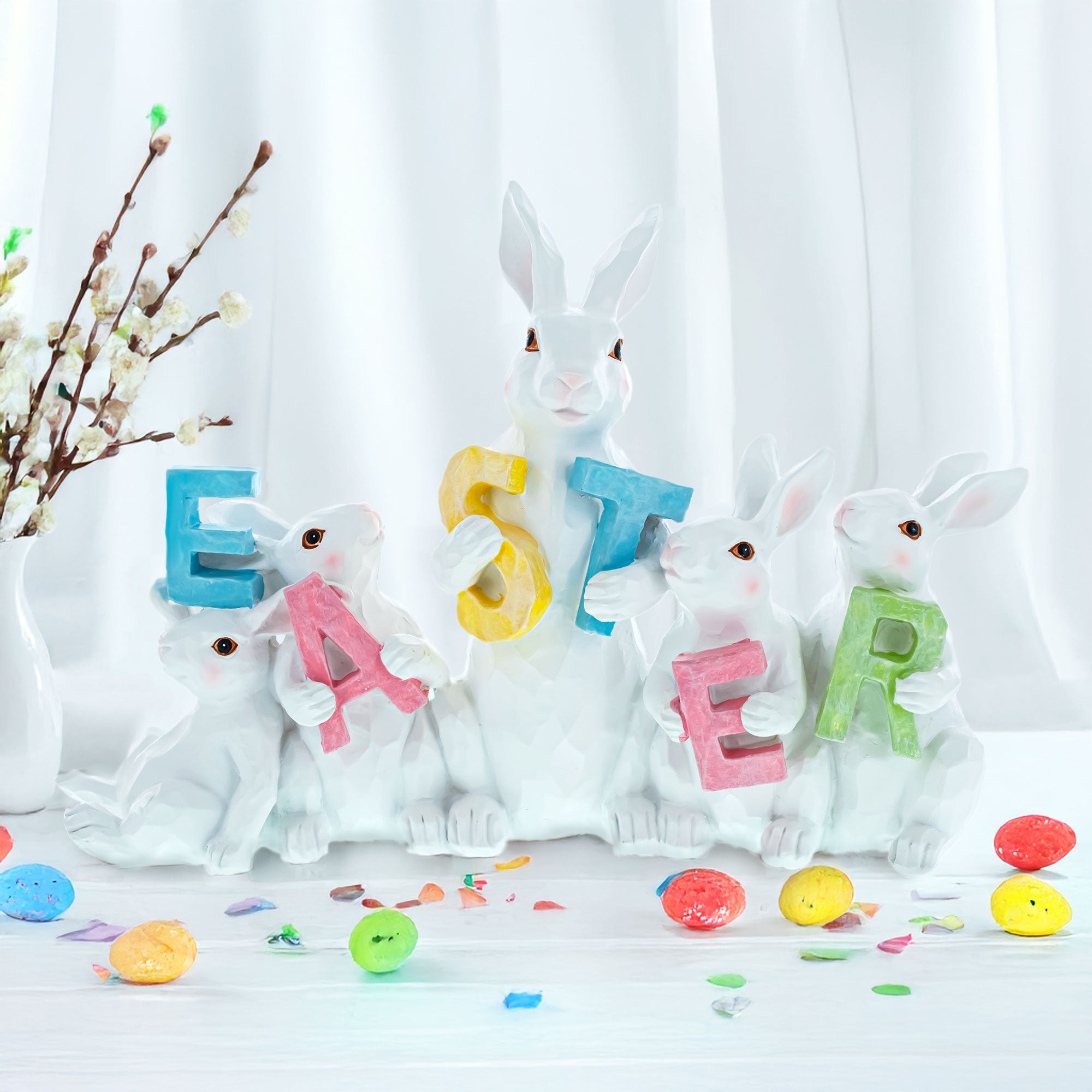 Festive Spring Bunny Figurine Display Spelling EASTER for Holiday Decor 8.7 Inches Tall